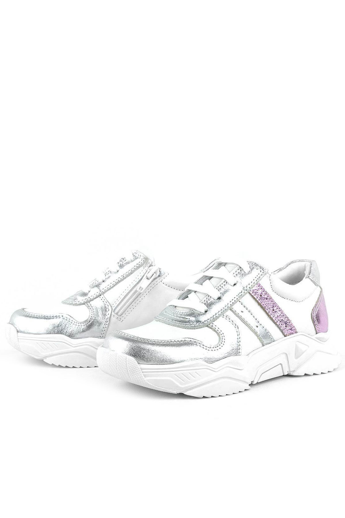 Rakerplus Hakiki Deri Gümüş Pembe Kalın Tabanlı Kız Çocuk Sneakers Ayakkabı