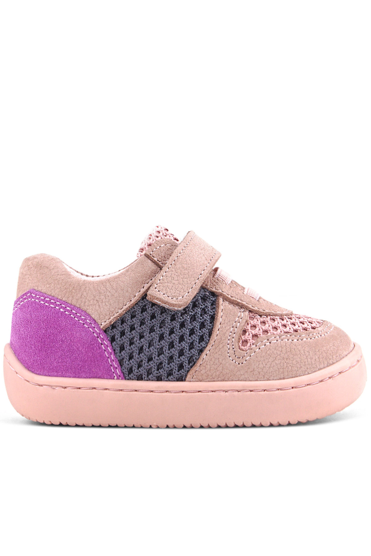 Rakerplus Bob Hakiki Deri Pudra Gri Mor Barefoot Cırtlı Lastikli Bebek Sneaker Ayakkabı