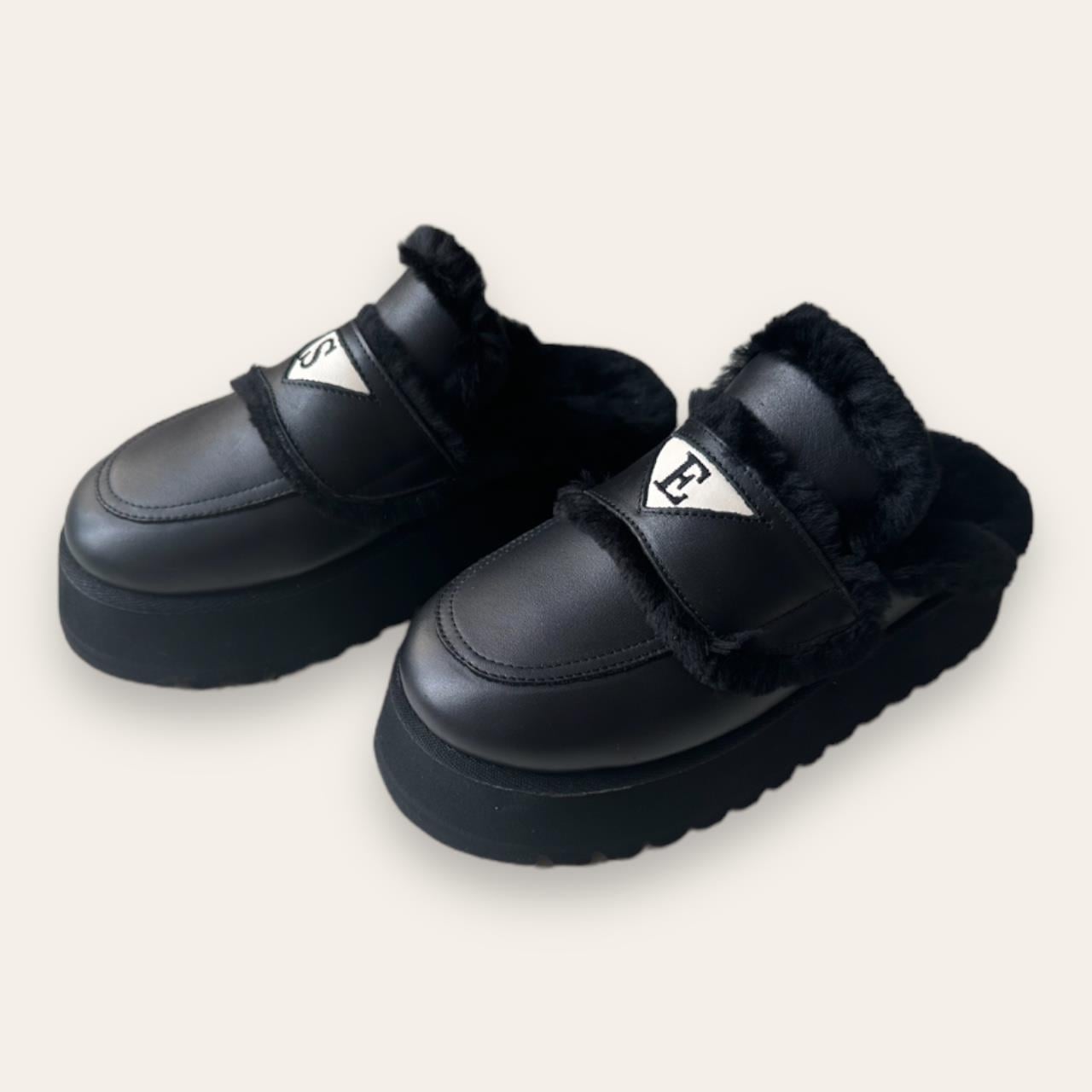 PERSONALIZED LOULOU LEATHER ALL BLACK SHEARLING  MULE XL 