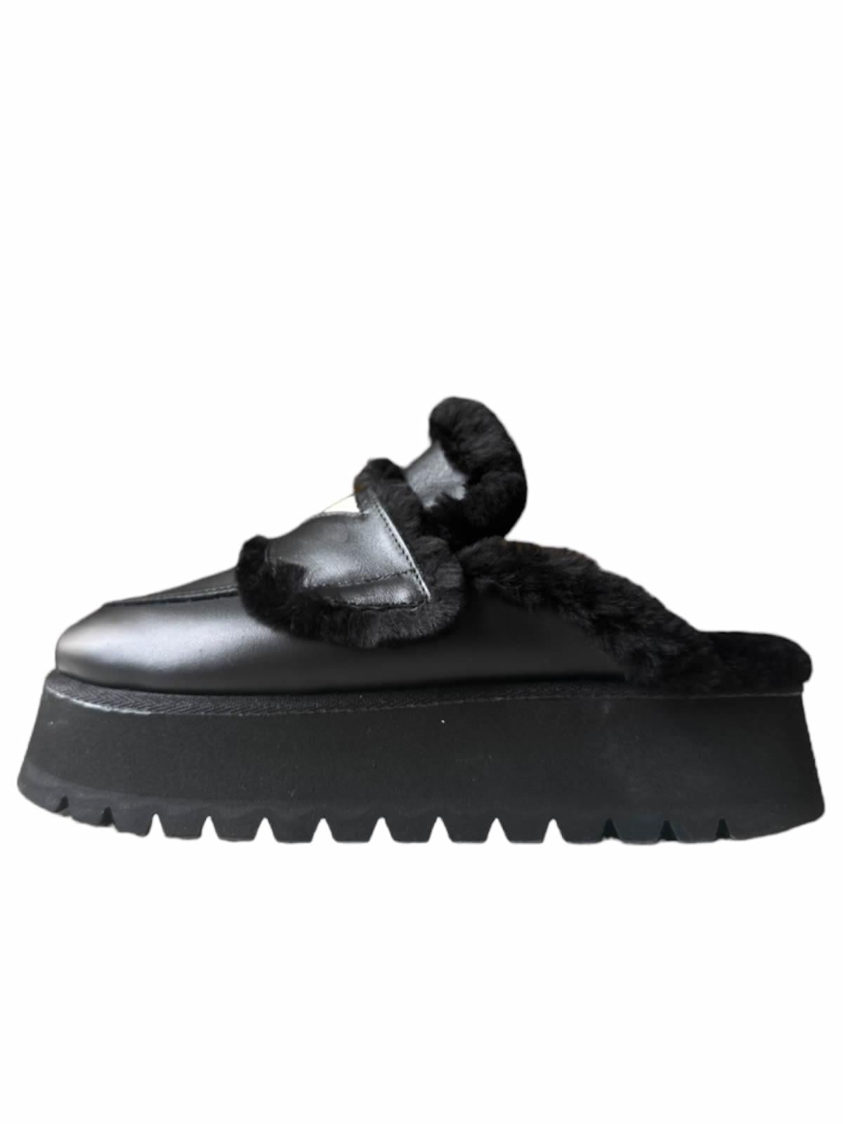 PERSONALIZED LOULOU LEATHER ALL BLACK SHEARLING  MULE XL 