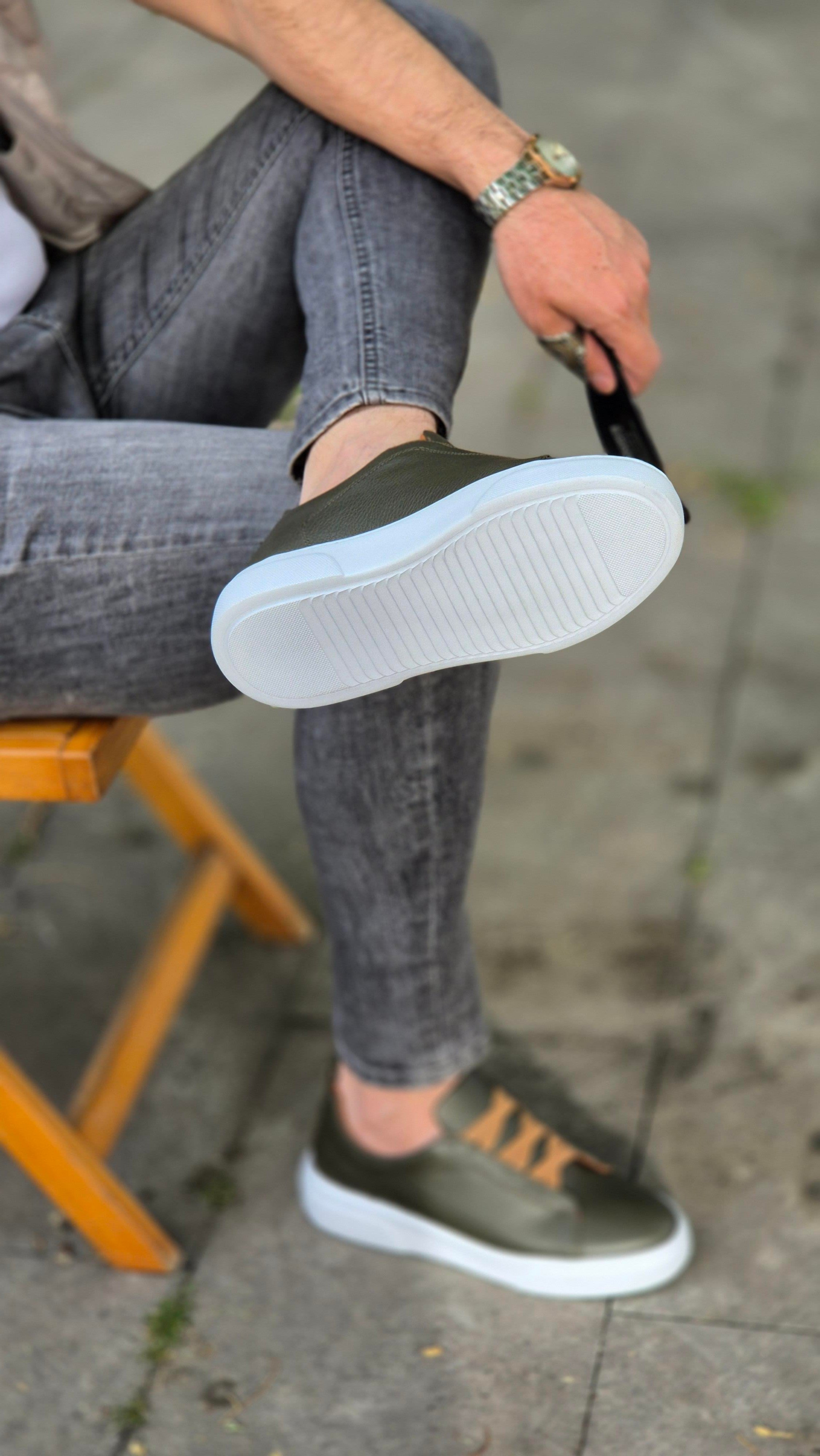  Hnt  002060  Haki Yeşil İçi Dışı Hakiki Deri Erkek Sneakers 