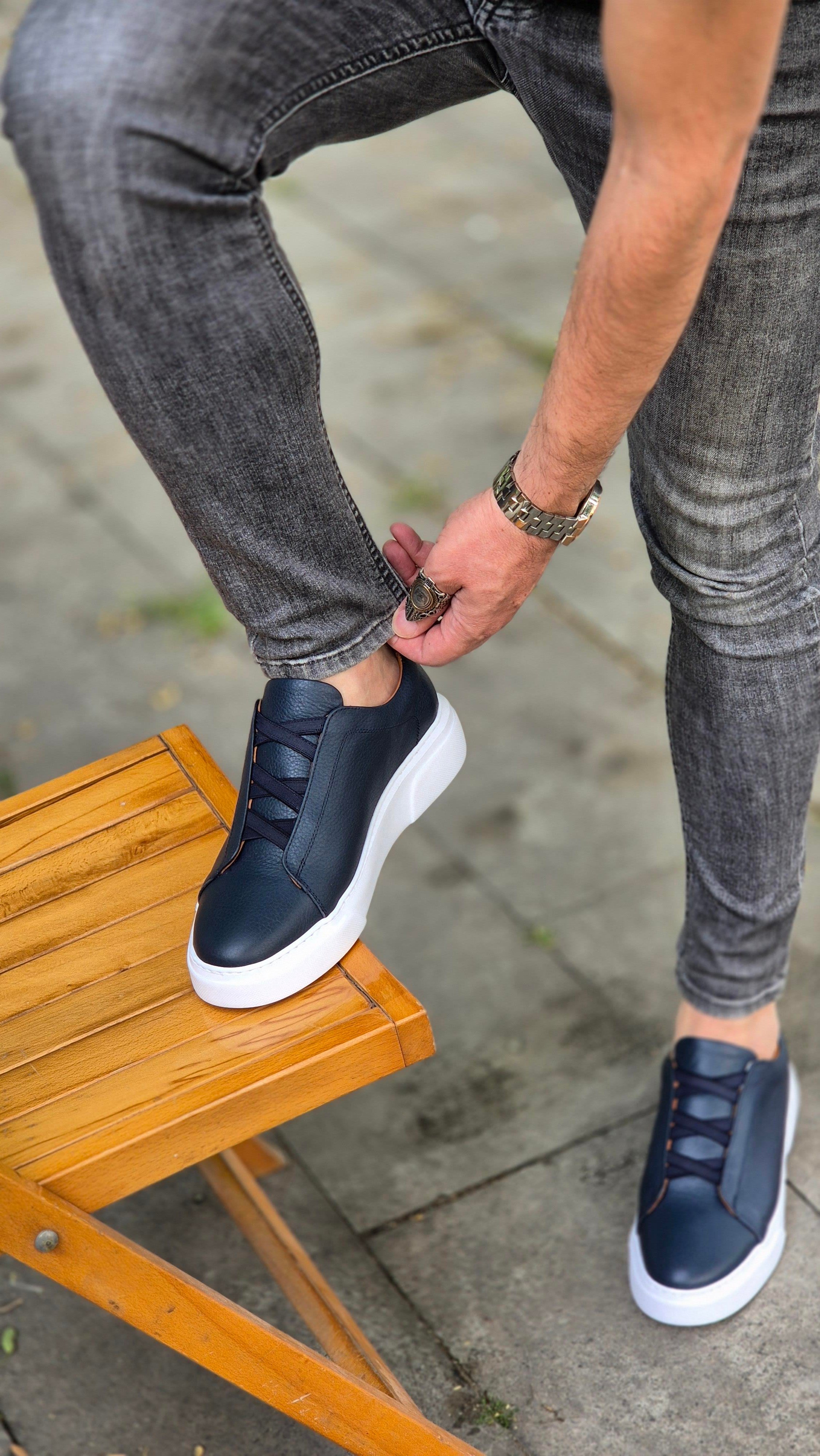  Hnt  002060  Lacivert   İçi Dışı Hakiki Deri Erkek Sneakers 