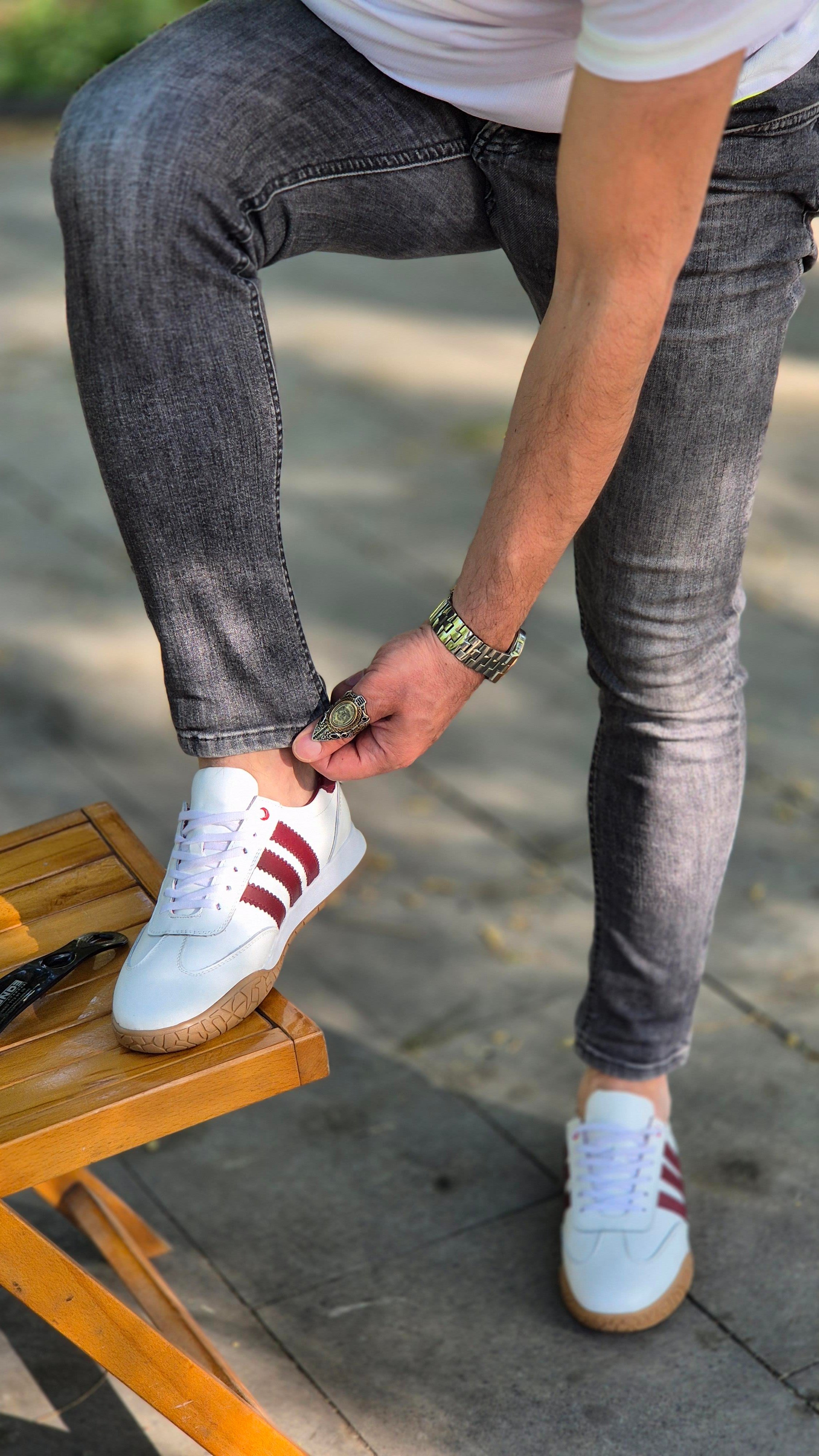  Hnt  1954  Beyaz Bordo  İçi Dışı Hakiki Deri Erkek Sneakers 