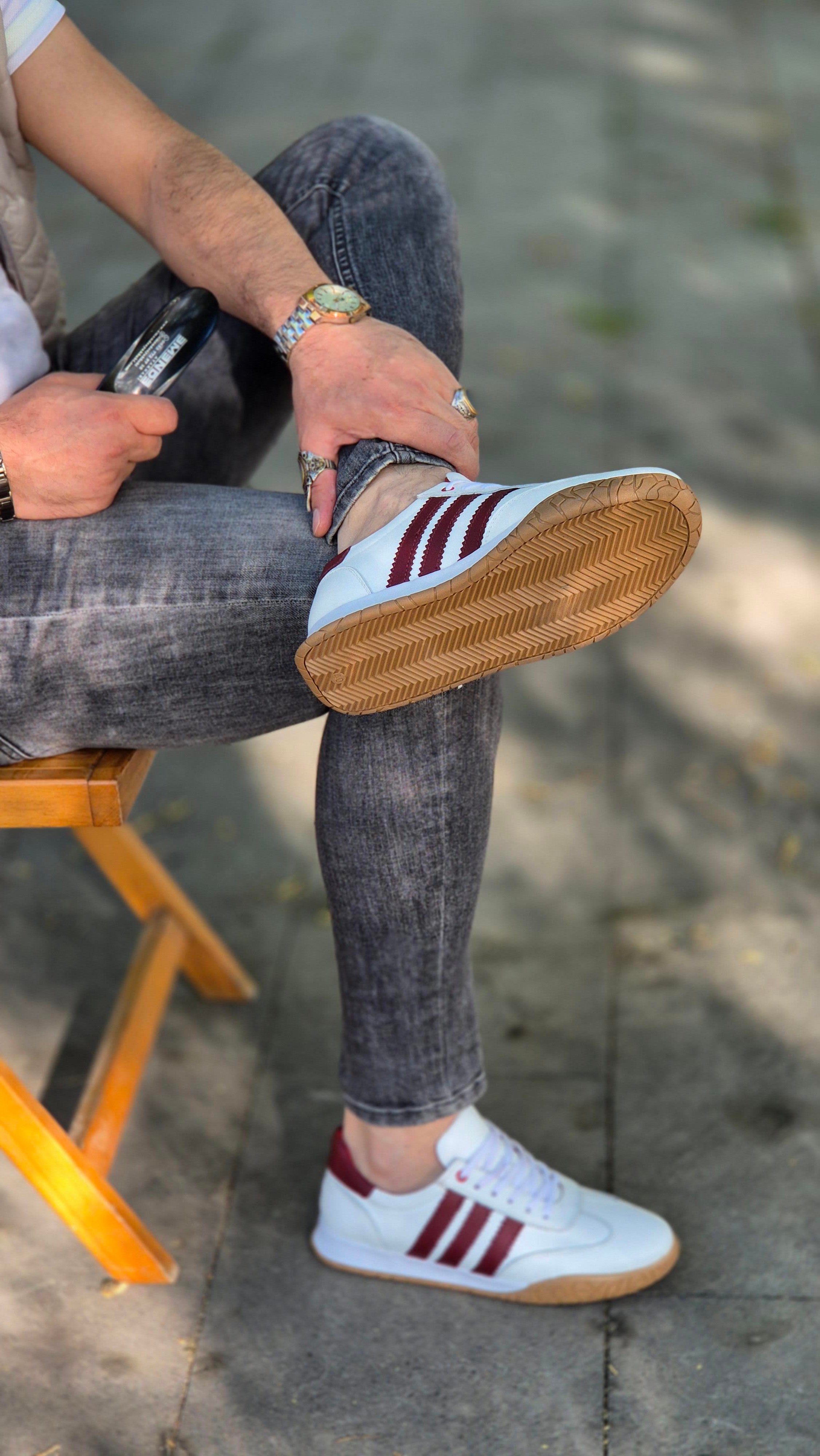  Hnt  1954  Beyaz Bordo  İçi Dışı Hakiki Deri Erkek Sneakers 