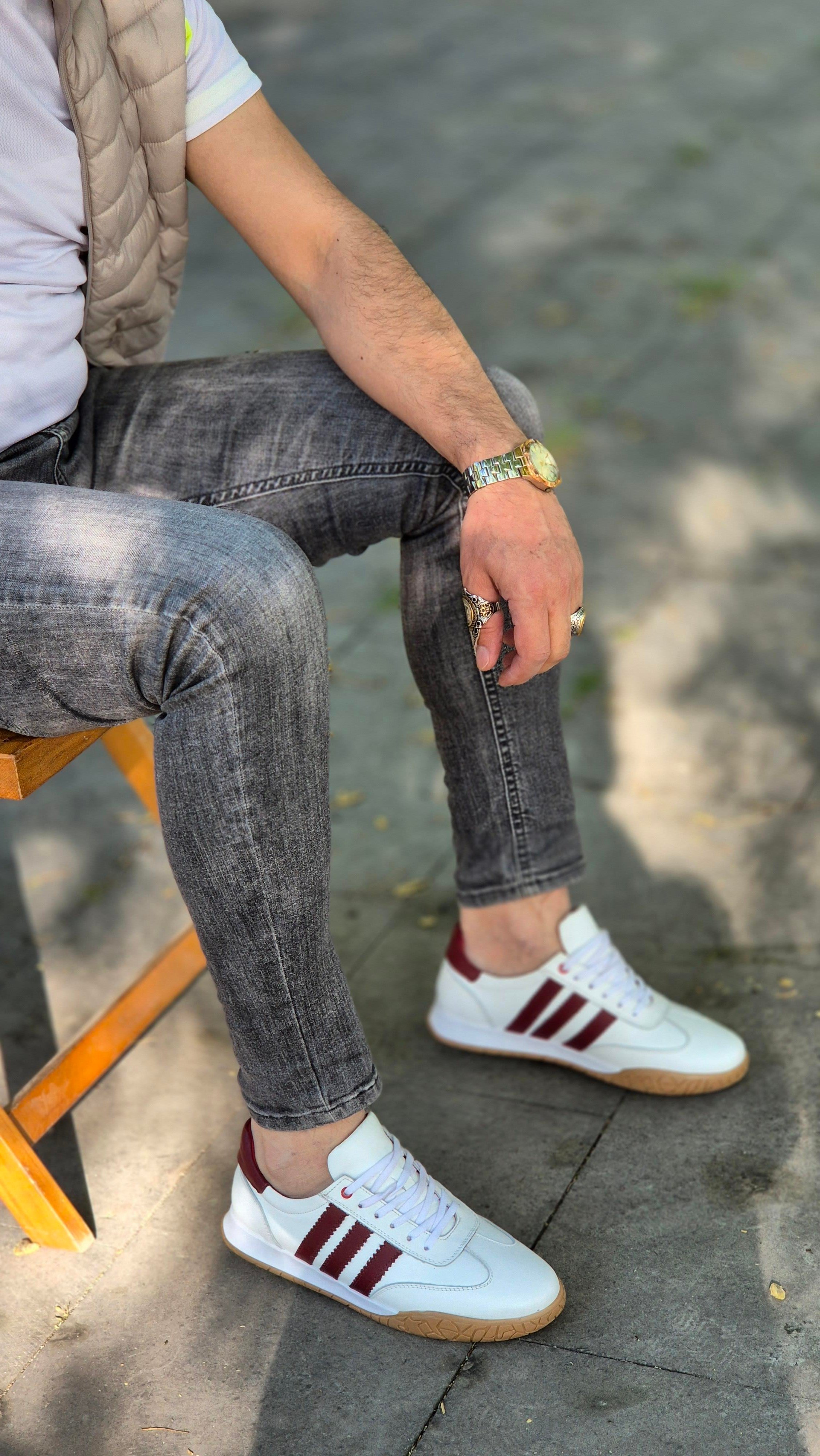  Hnt  1954  Beyaz Bordo  İçi Dışı Hakiki Deri Erkek Sneakers 