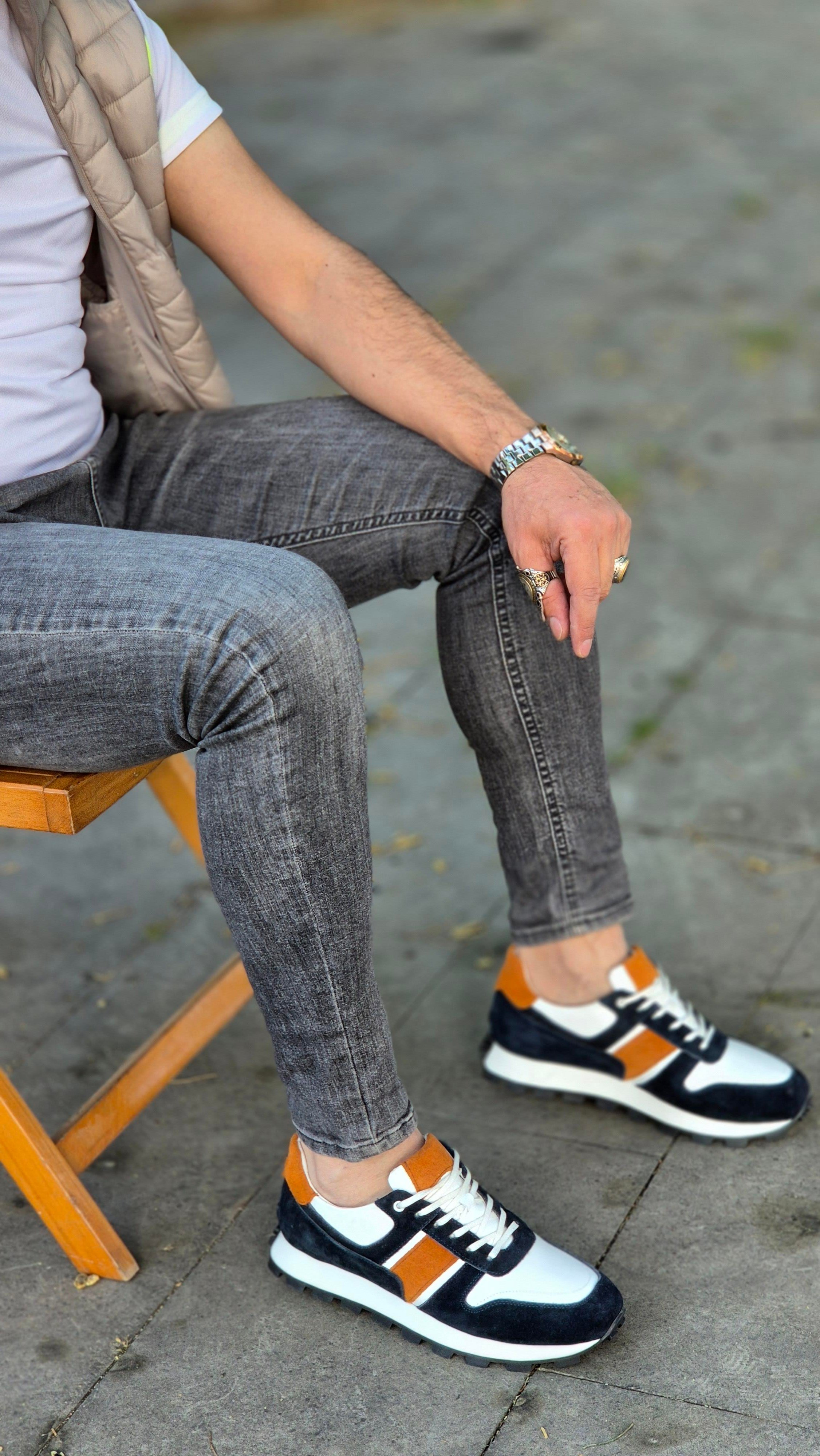  Hnt  3838 Lacivert  Taba Beyaz  İçi Dışı Hakiki Deri Erkek Sneakers 