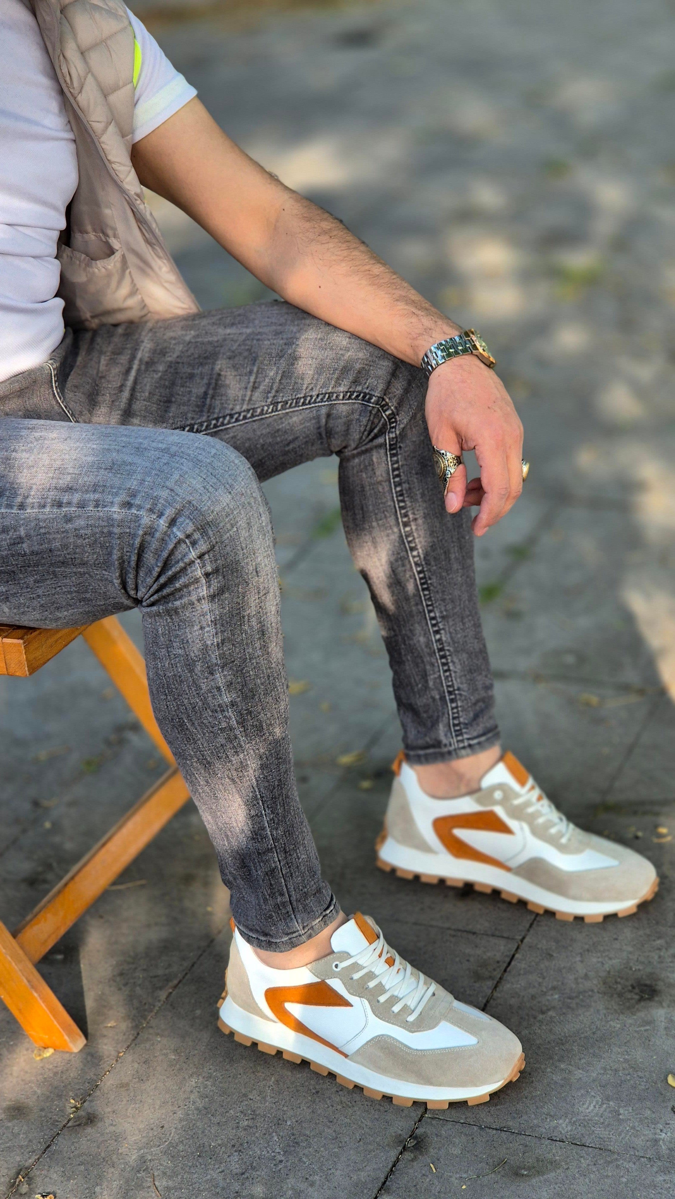  Hnt  3838 Vizon Taba Beyaz  İçi Dışı Hakiki Deri Erkek Sneakers 