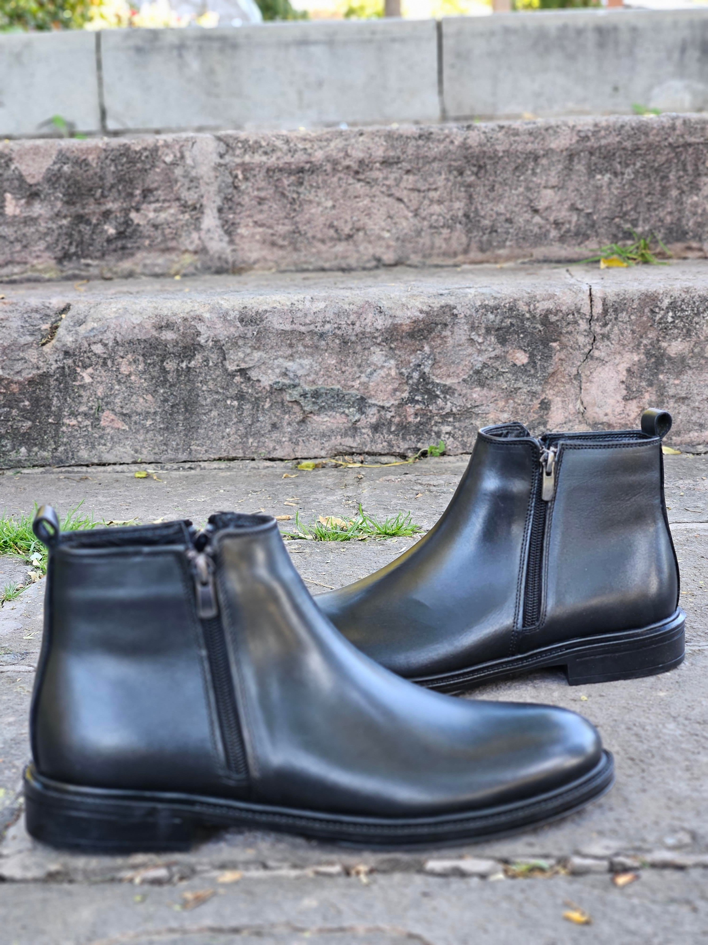 Hatay 0005 Çift Fermuarlı Hakiki Deri Siyah Kışlık Erkek Bot