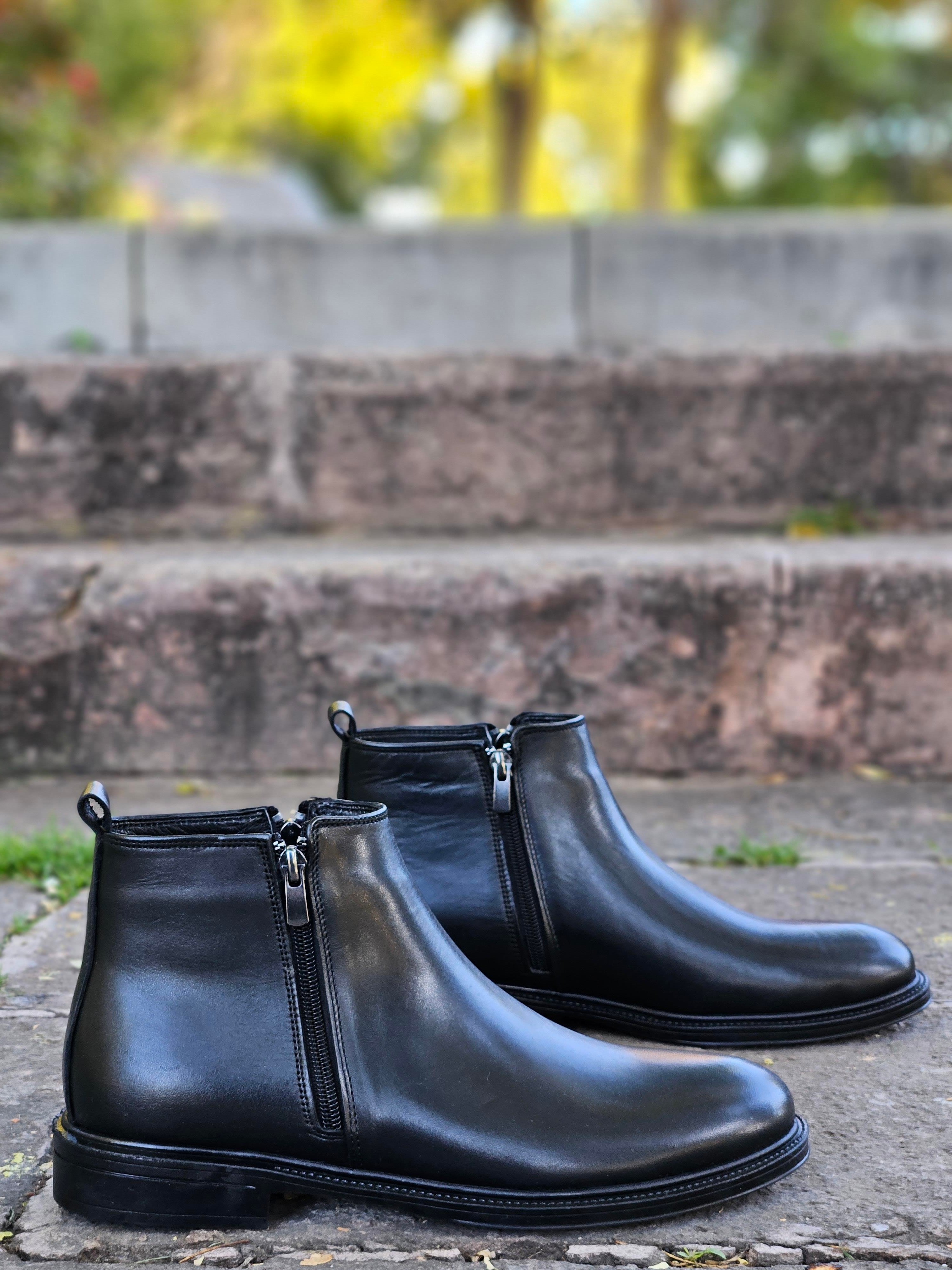 Hatay 0005 Çift Fermuarlı Hakiki Deri Siyah Kışlık Erkek Bot