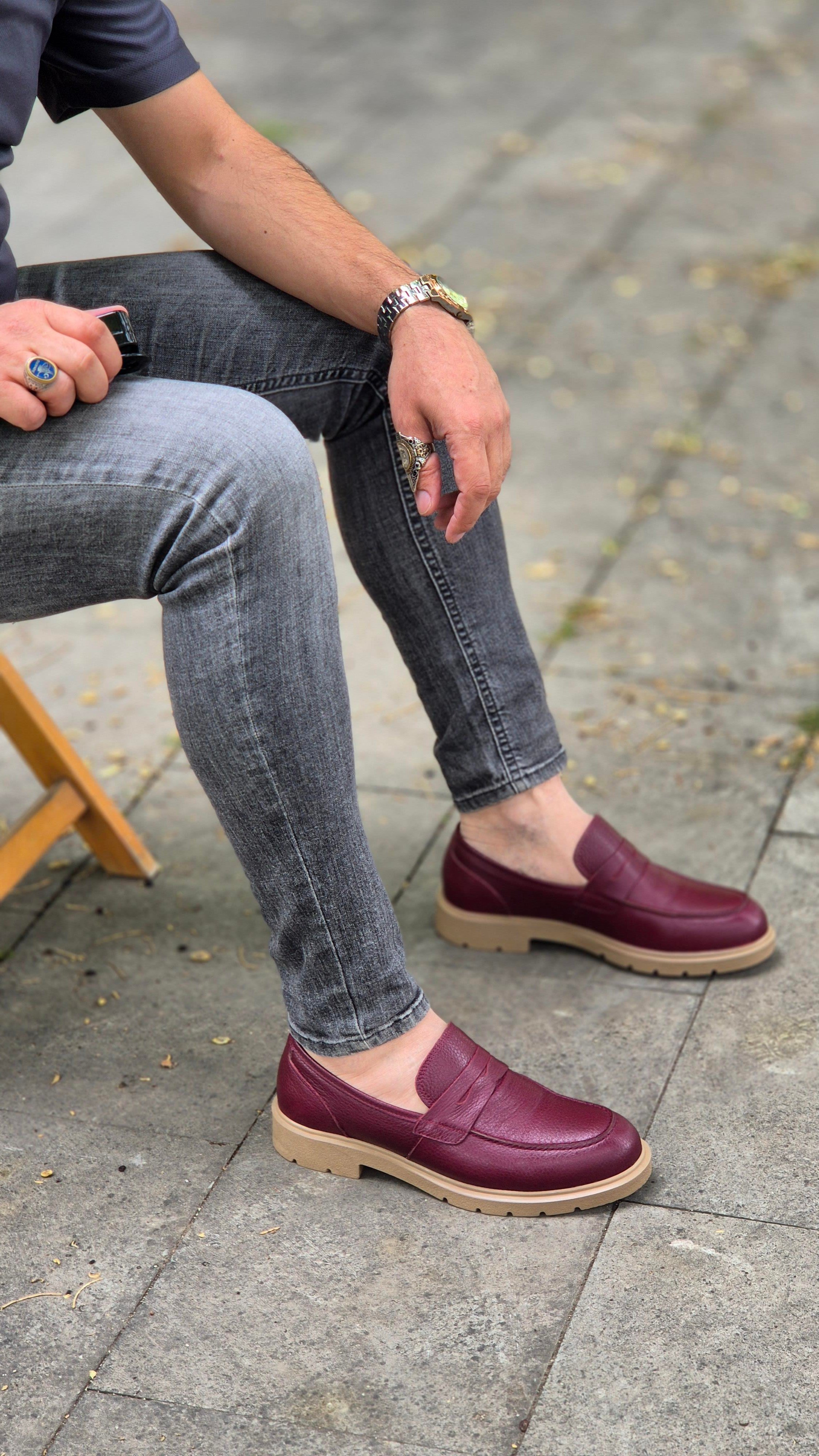 Hnt 0051  Bordo   Loafer  İçi Dışı Hakiki Deri Klasik   Erkek Ayakkabısı