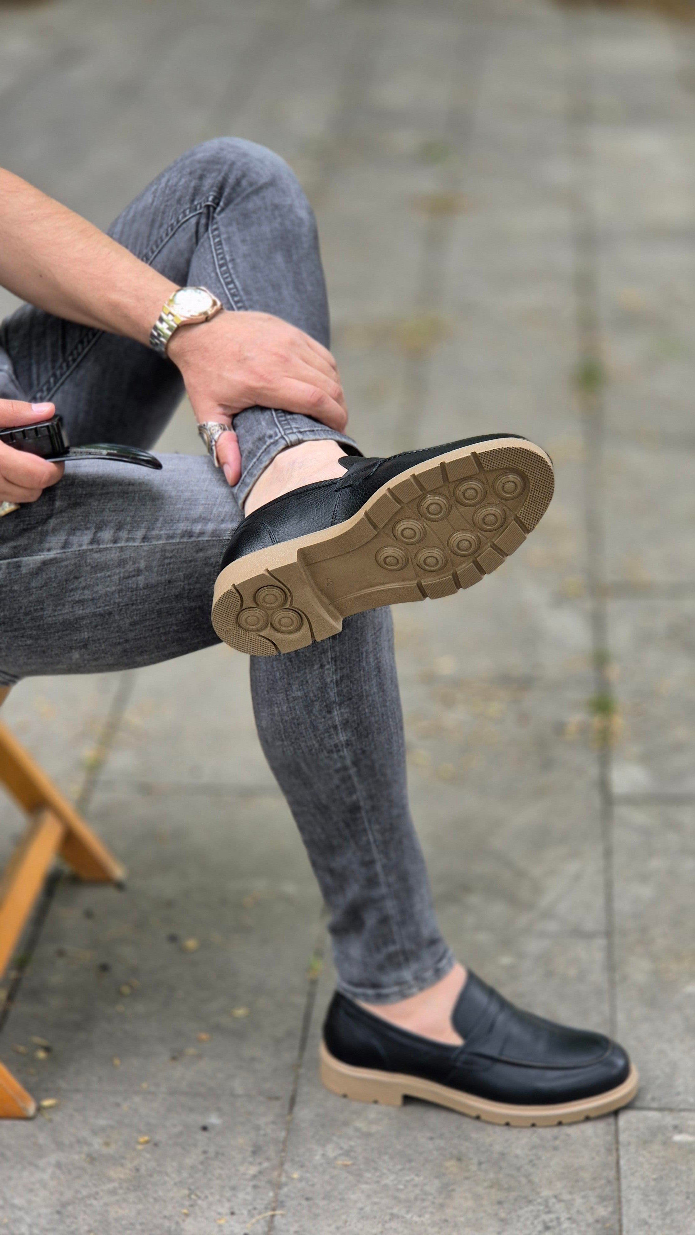 Hnt 0051  Siyah   Loafer  İçi Dışı Hakiki Deri Klasik   Erkek Ayakkabısı