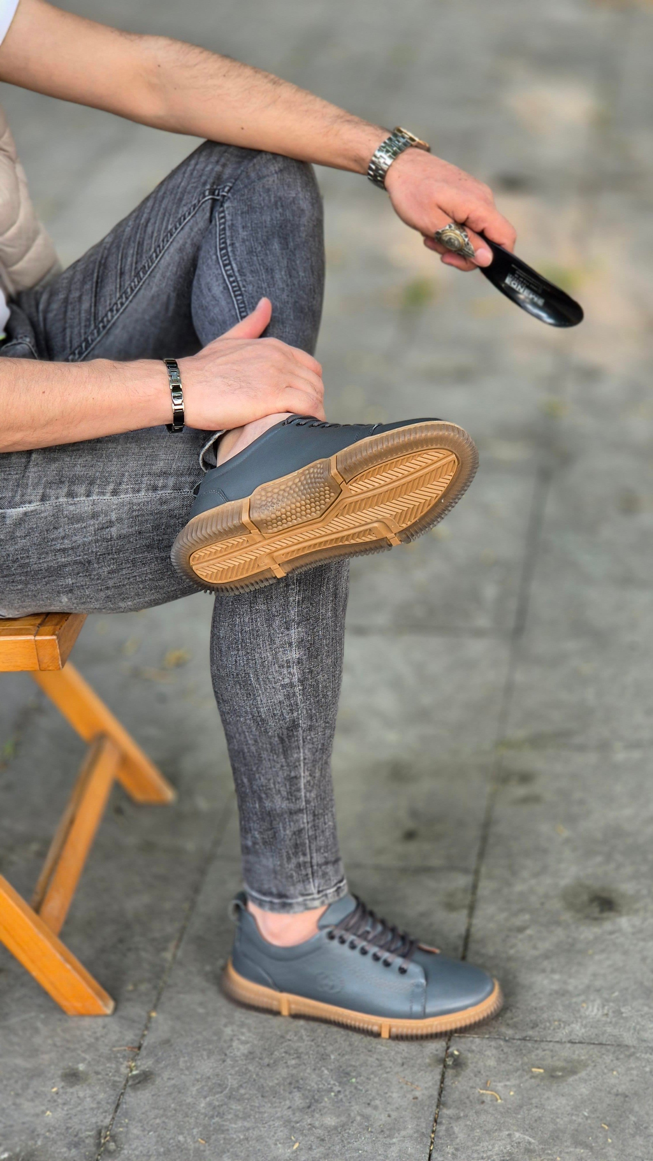 Hnt 00806 Gri Sneakers İçi Dışı Hakiki Deri  Erkek Ayakkabısı