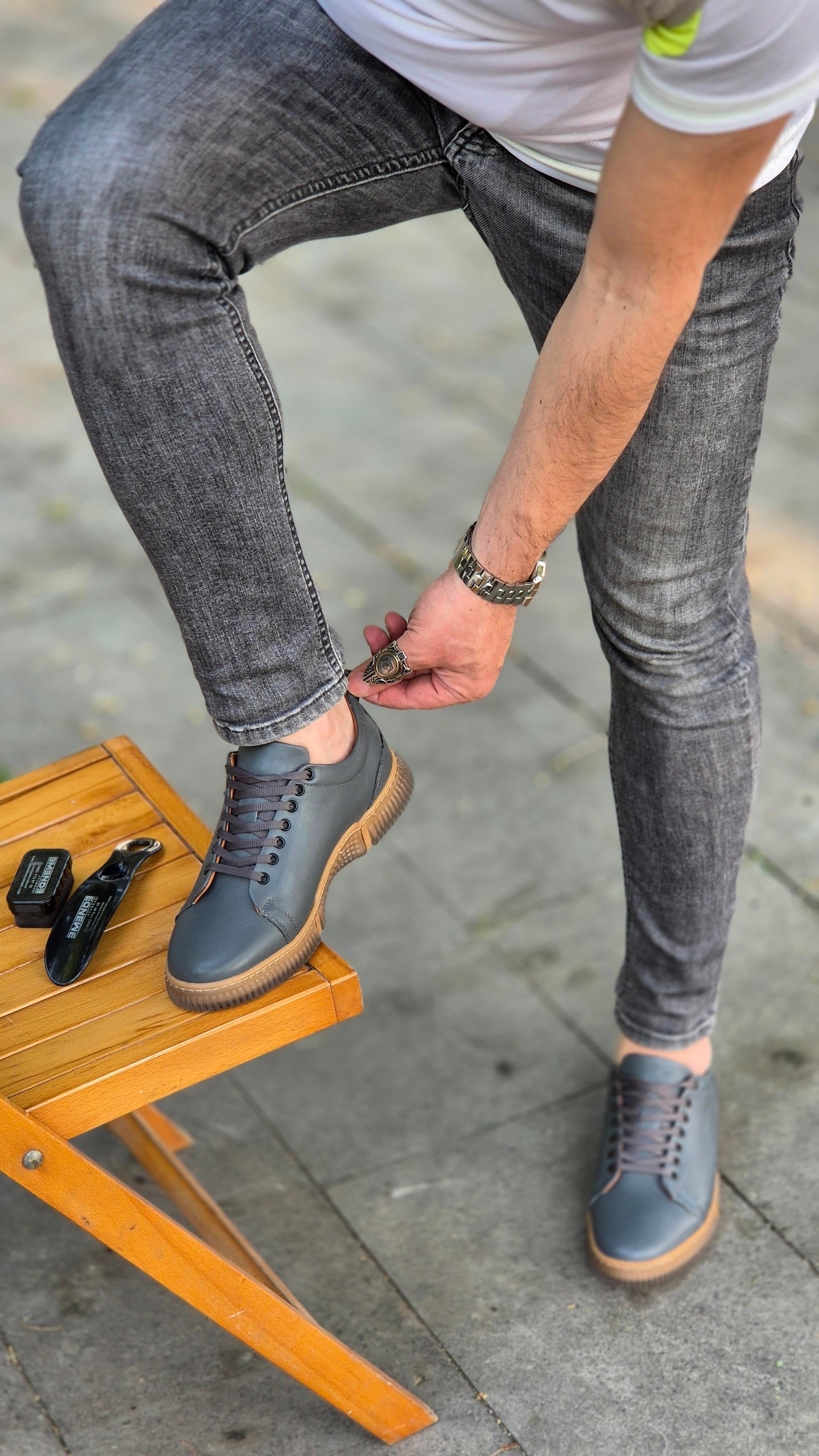 Hnt 00806 Gri Sneakers İçi Dışı Hakiki Deri  Erkek Ayakkabısı