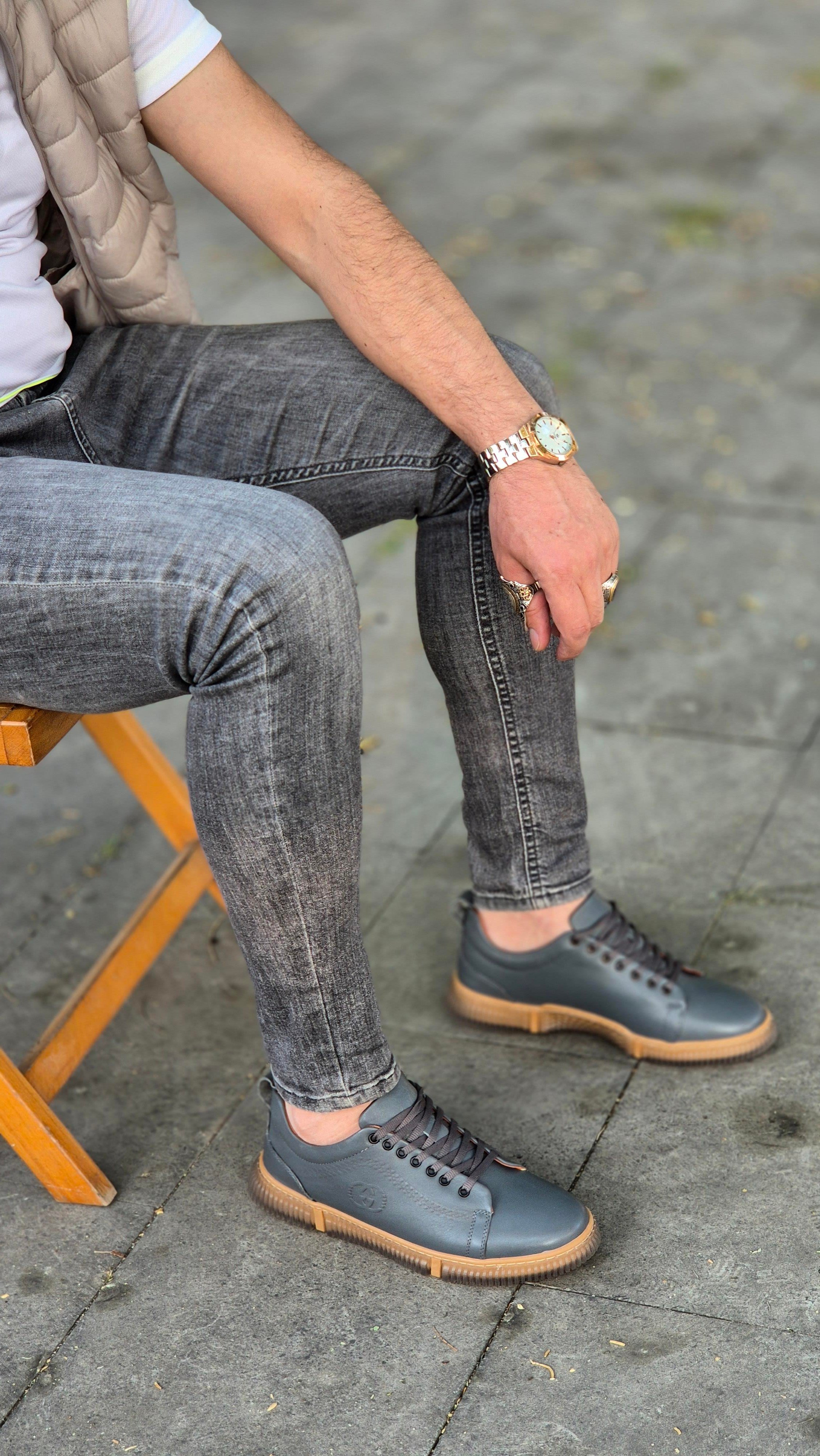 Hnt 00806 Gri Sneakers İçi Dışı Hakiki Deri  Erkek Ayakkabısı