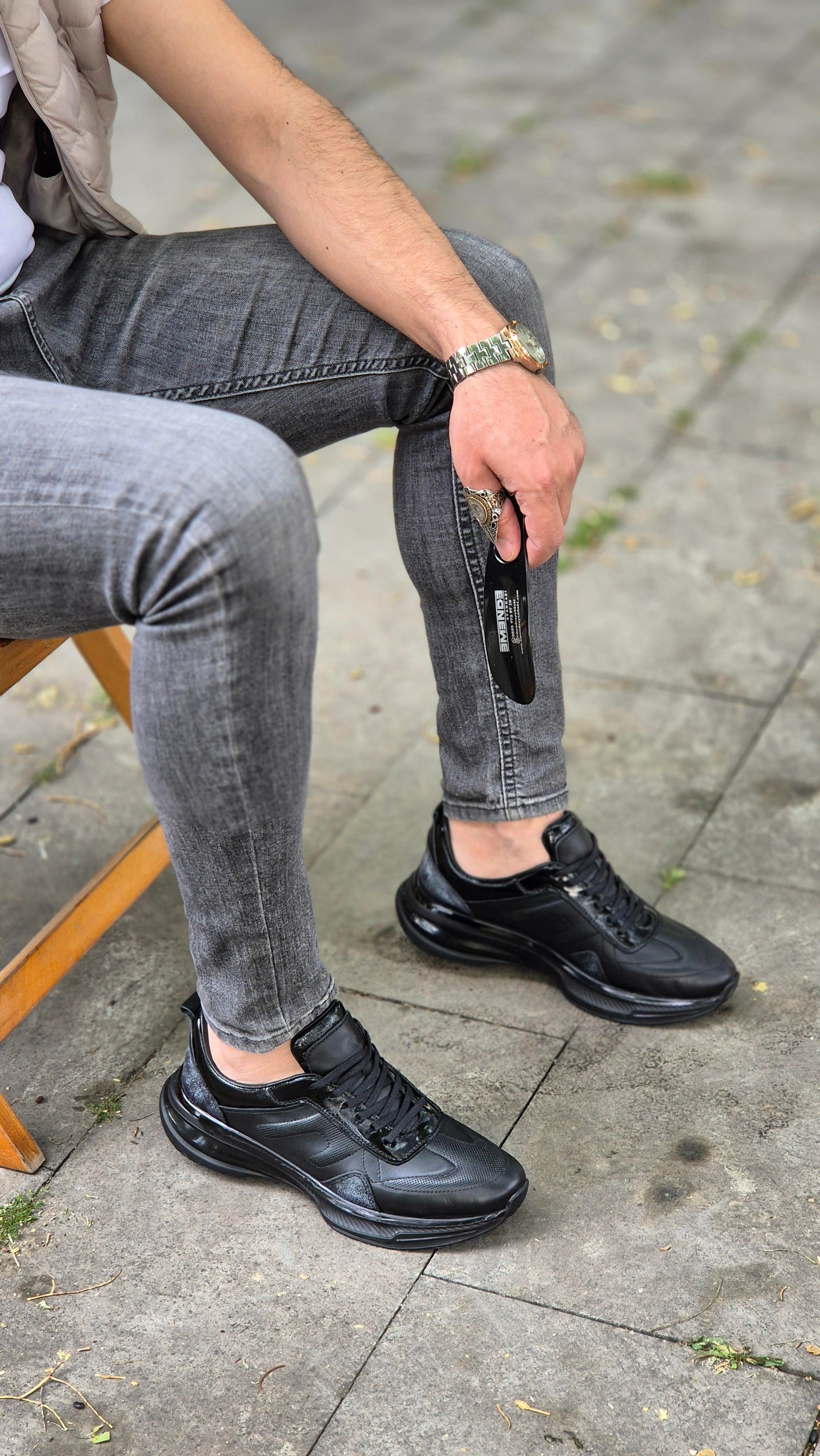 Hnt 4040  İthal Taban  Balon  Siyah Deri  Erkek  Sneakers Ayakkabısı