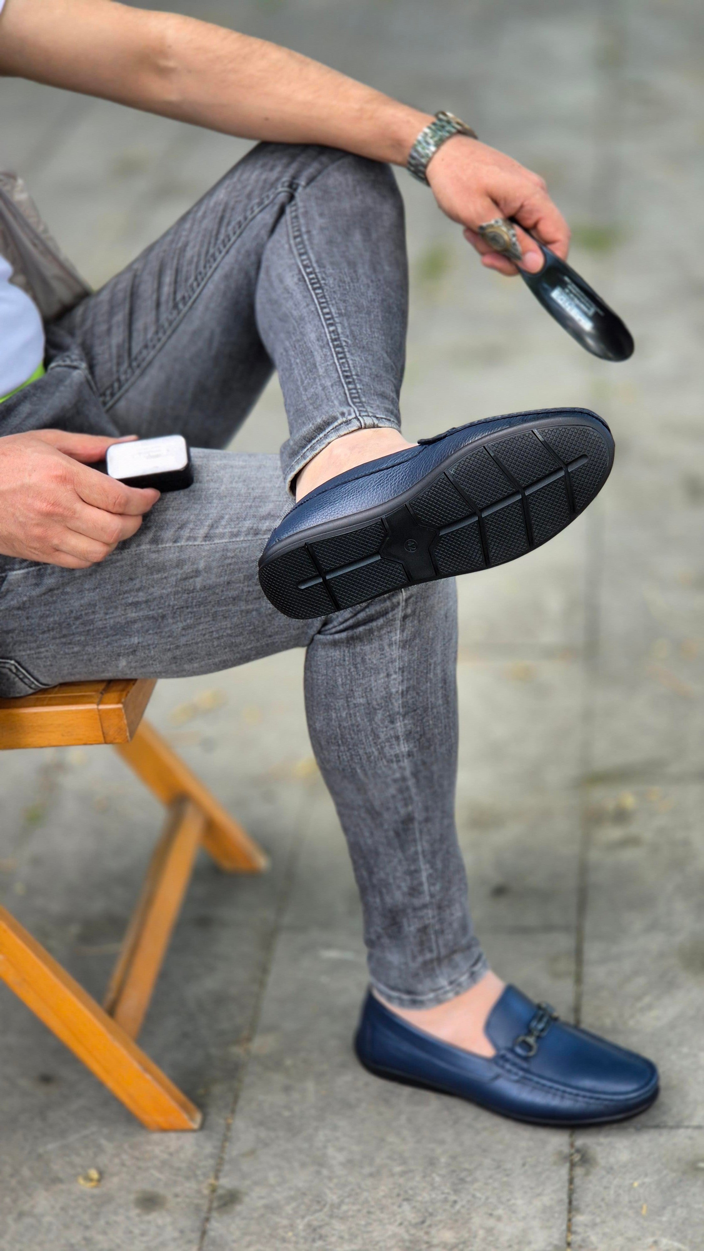 MRD 090  Loafer Tokalı Hakiki Deri Yumşak Lacivert Rok Erkek Ayakkabısı