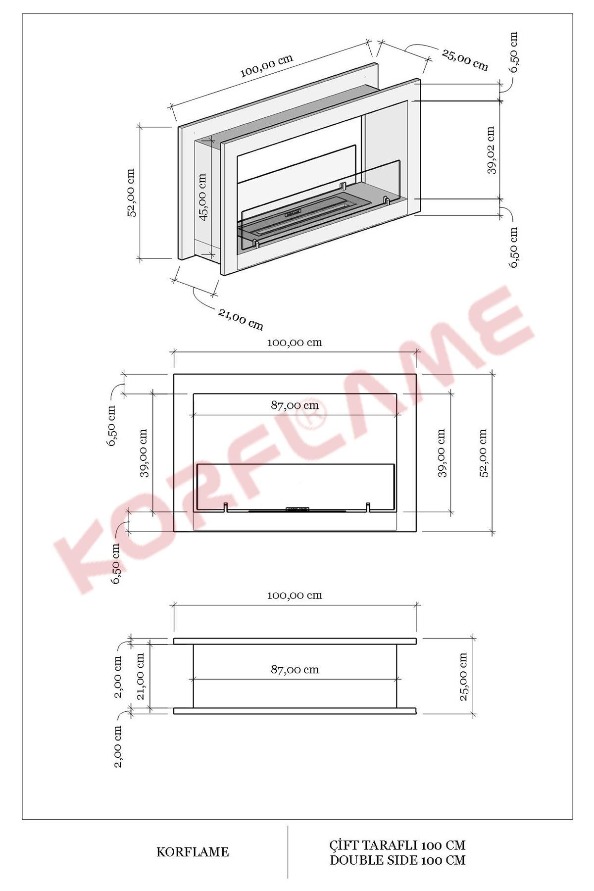Korflame Çift Taraflı 100 Cm Bioetanol Şömine