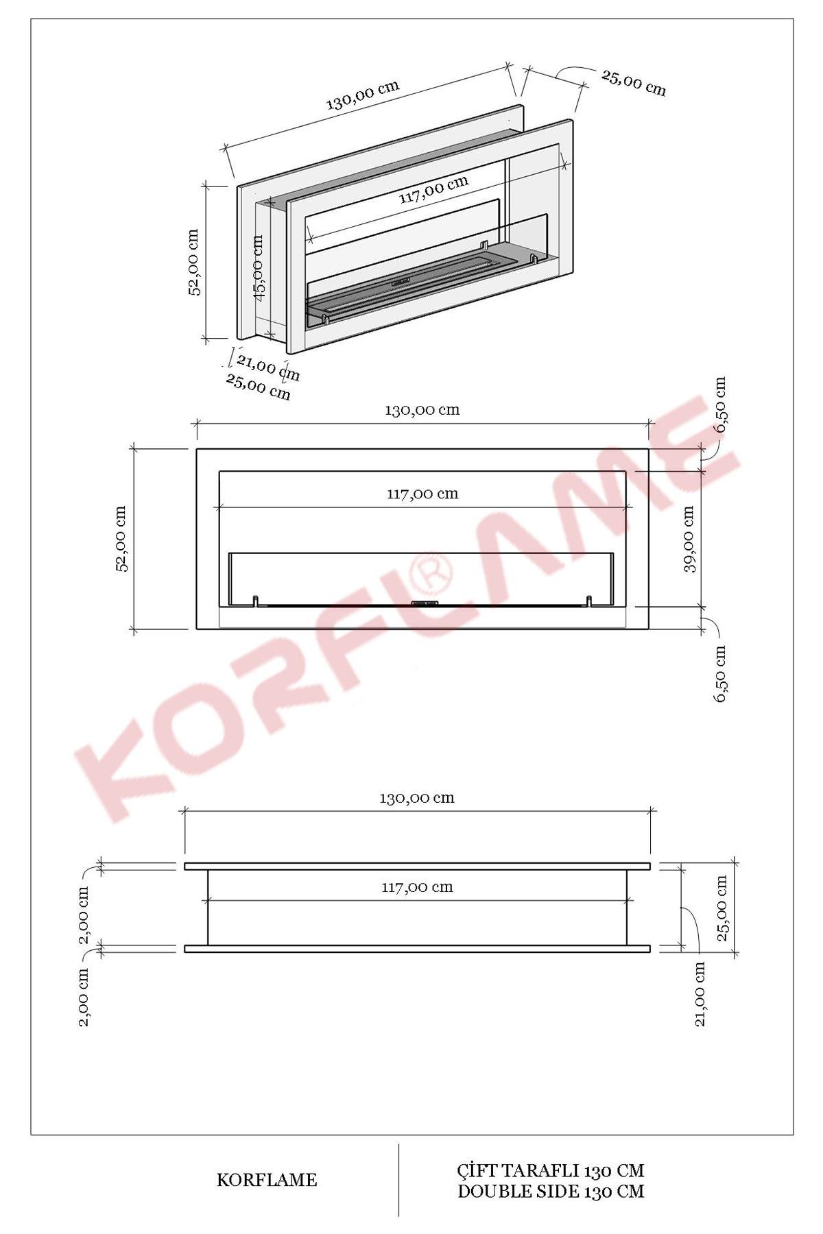 Korflame Çift Taraflı 130 Cm Bioetanol Şömine