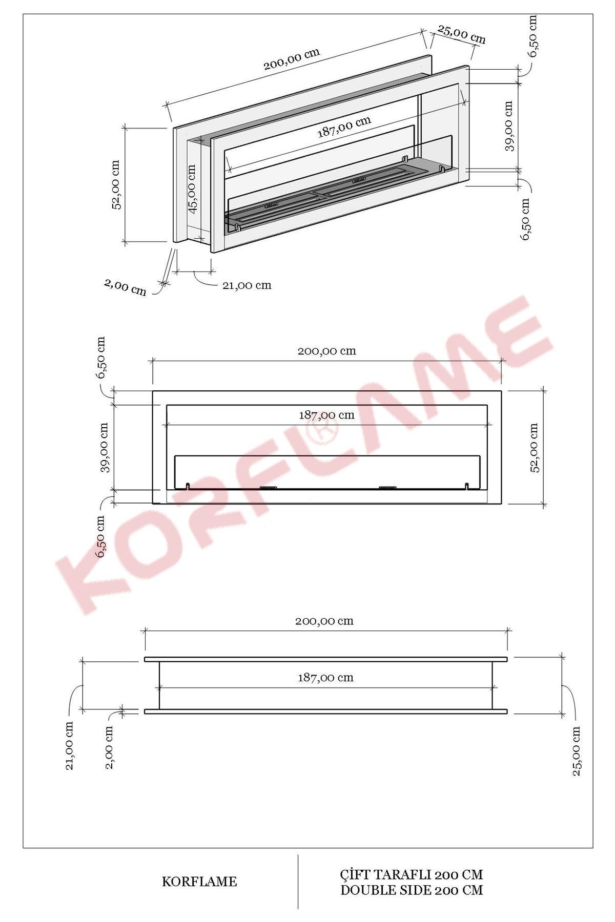 Korflame Çift Taraflı 200 Cm Bioetanol Şömine
