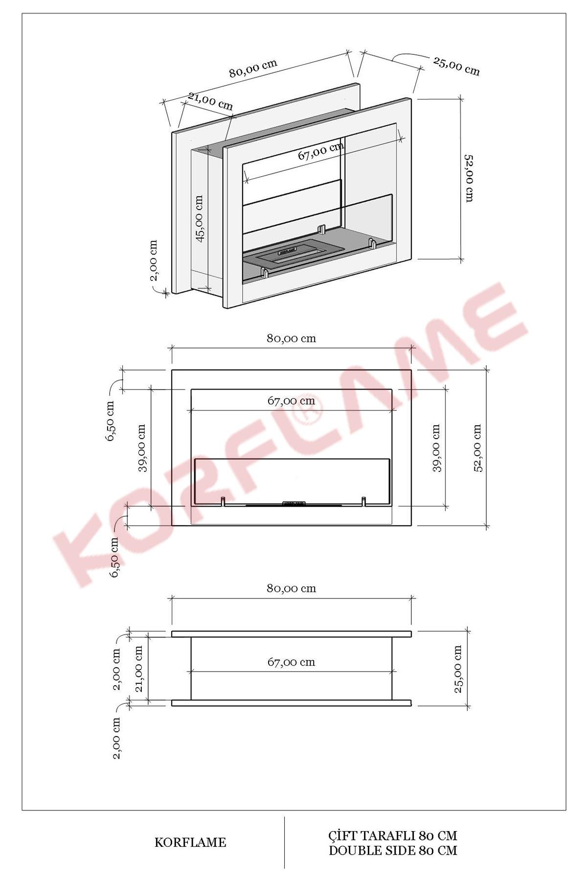 Korflame Çift Taraflı 80 Cm Bioetanol Şömine