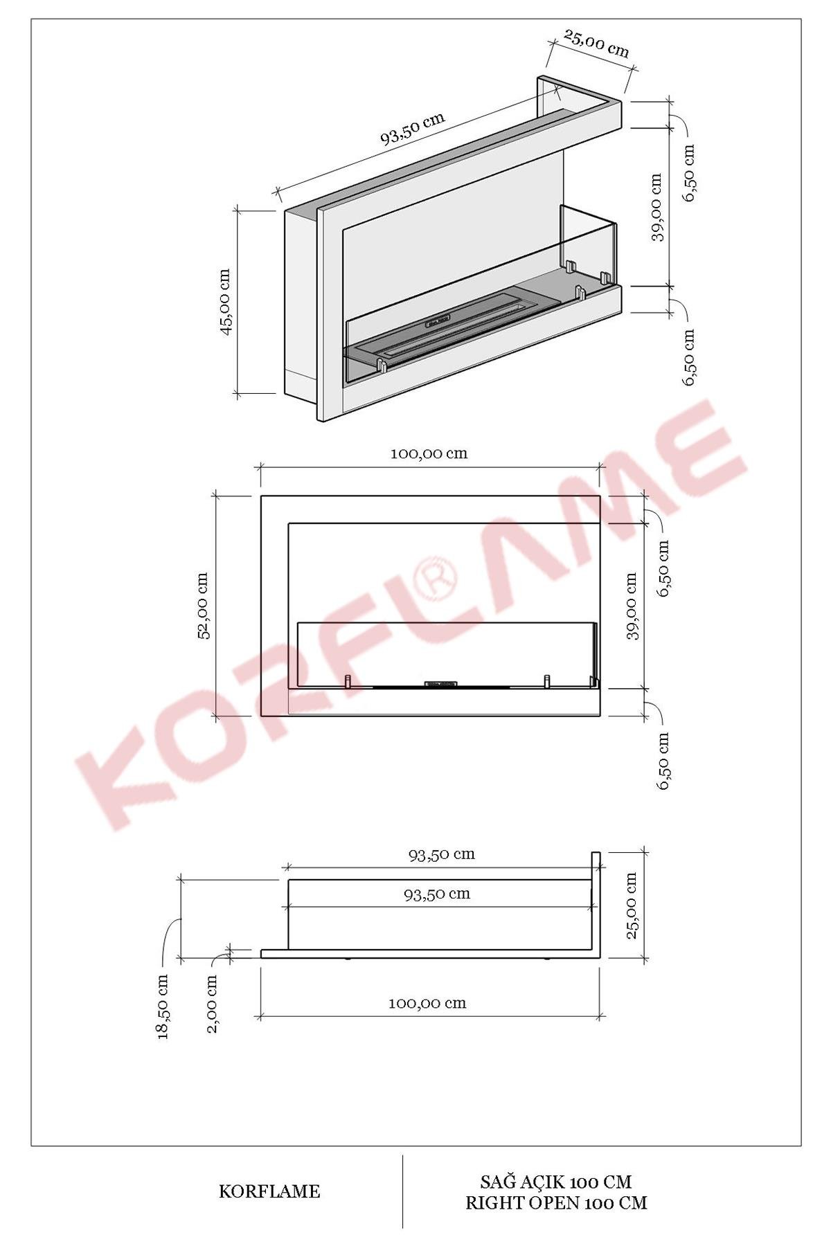 Korflame Sağ Açık 100 Cm Bioetanol Şömine