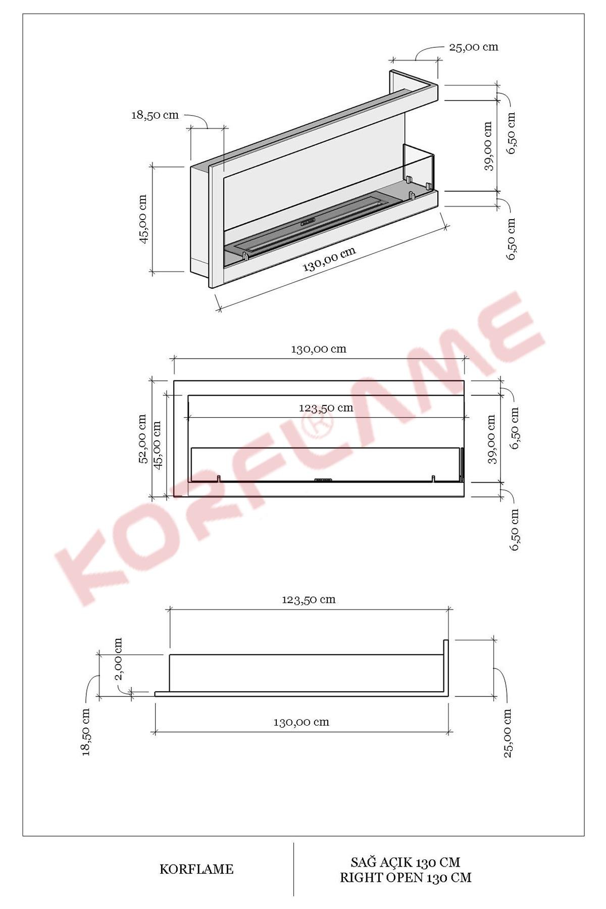 Korflame Sağ Açık 130 Cm Bioetanol Şömine