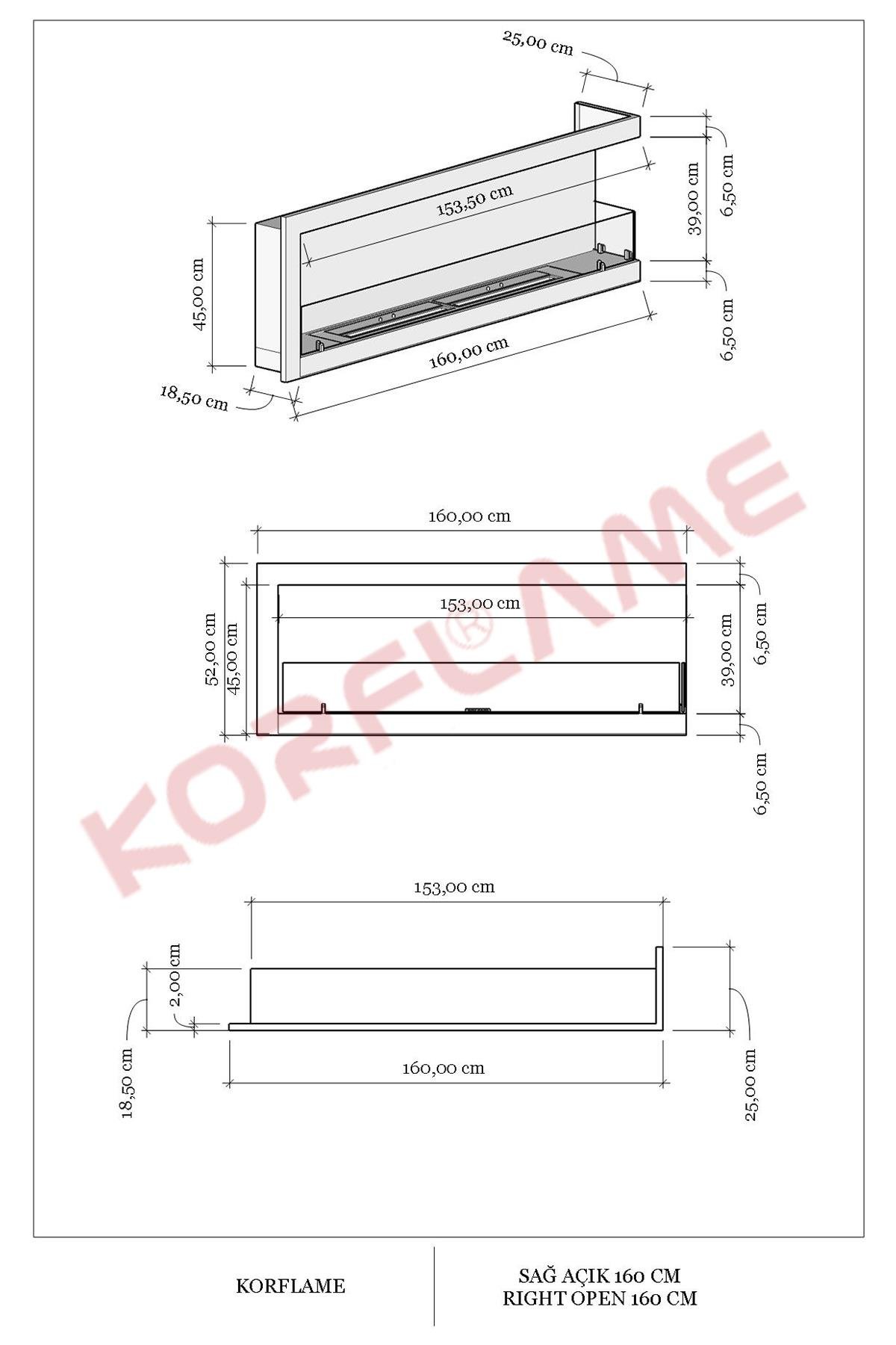 Korflame Sağ Açık 160 Cm Bioetanol Şömine