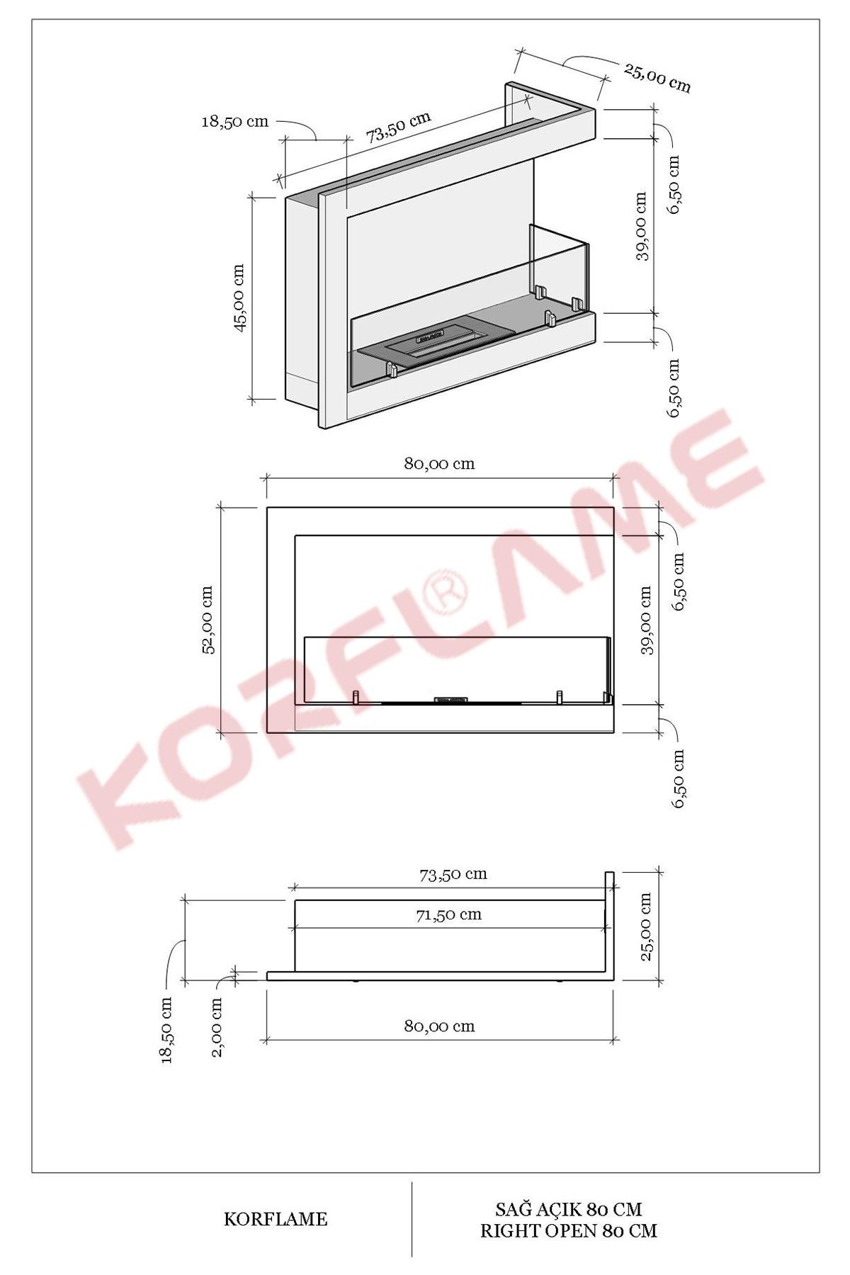 Korflame Sağ Açık  80 Cm Bioetanol Şömine