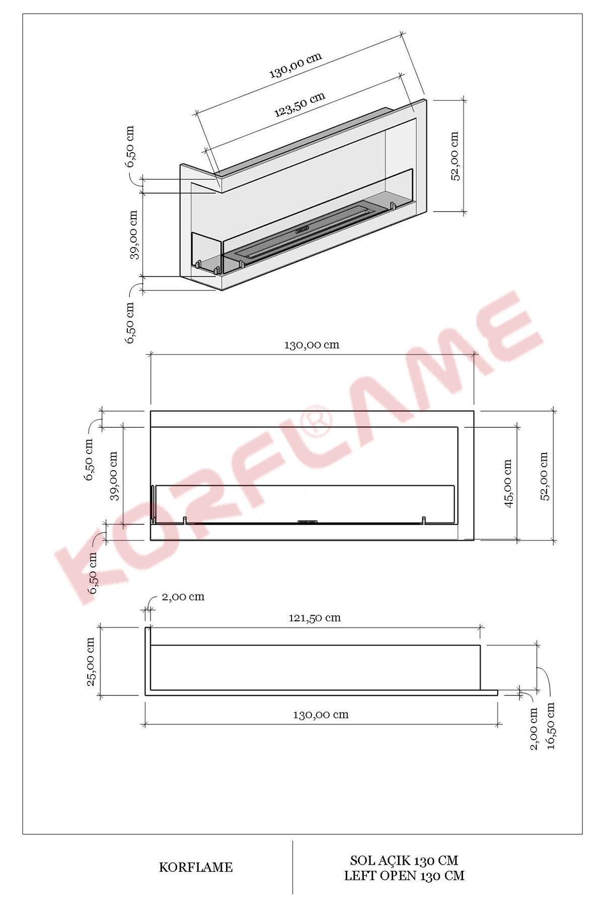 Korflame Sol Açık 130 Cm Bioetanol Şömine