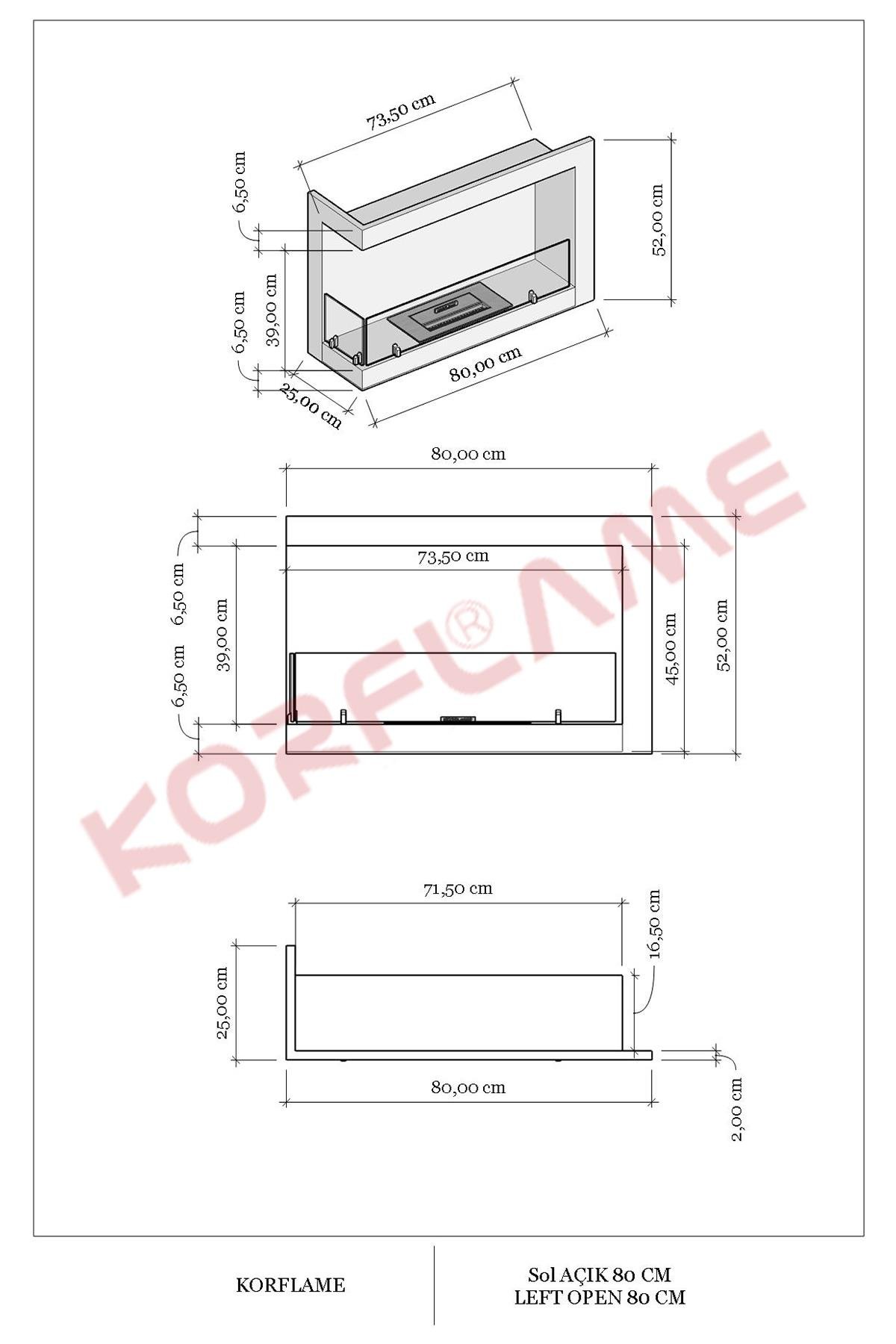 Korflame Sol Açık  80 Cm Bioetanol Şömine