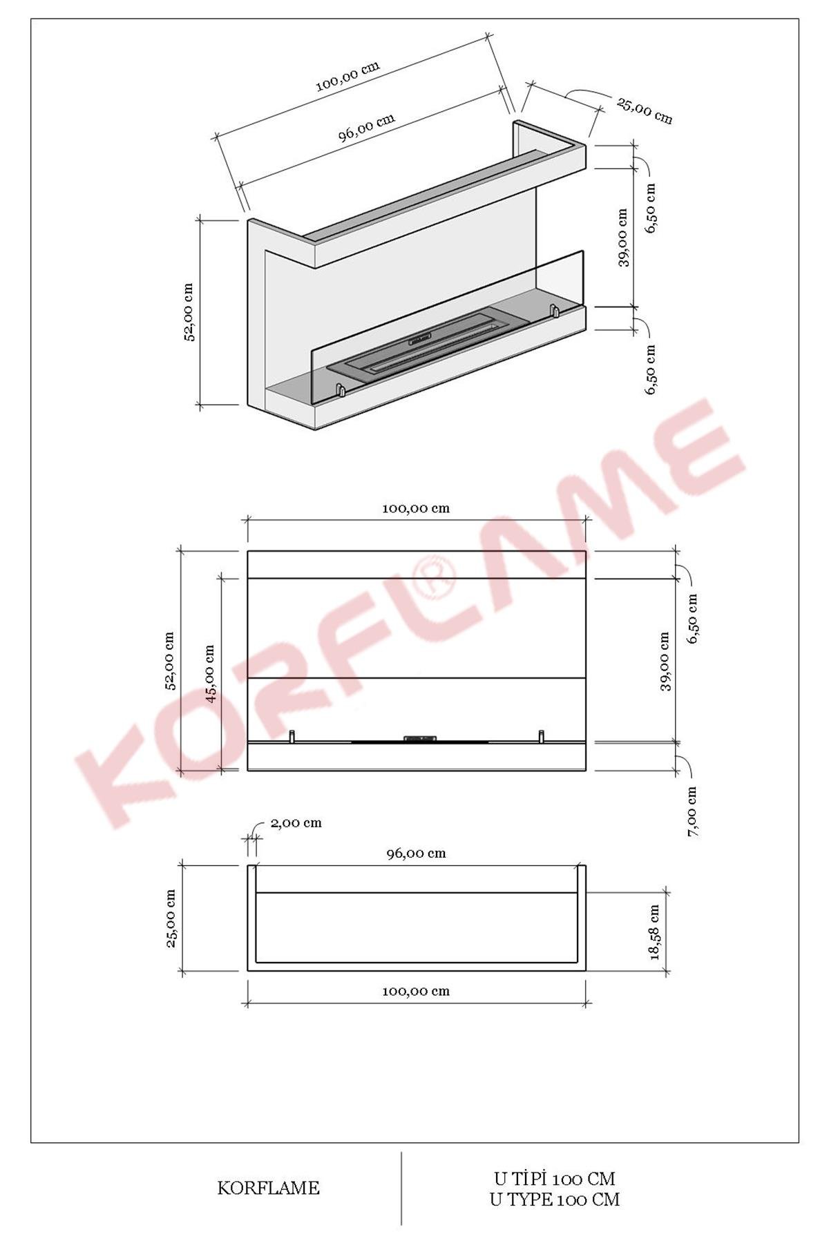 Korflame U Tipi 100 Cm Bioetanol Şömine