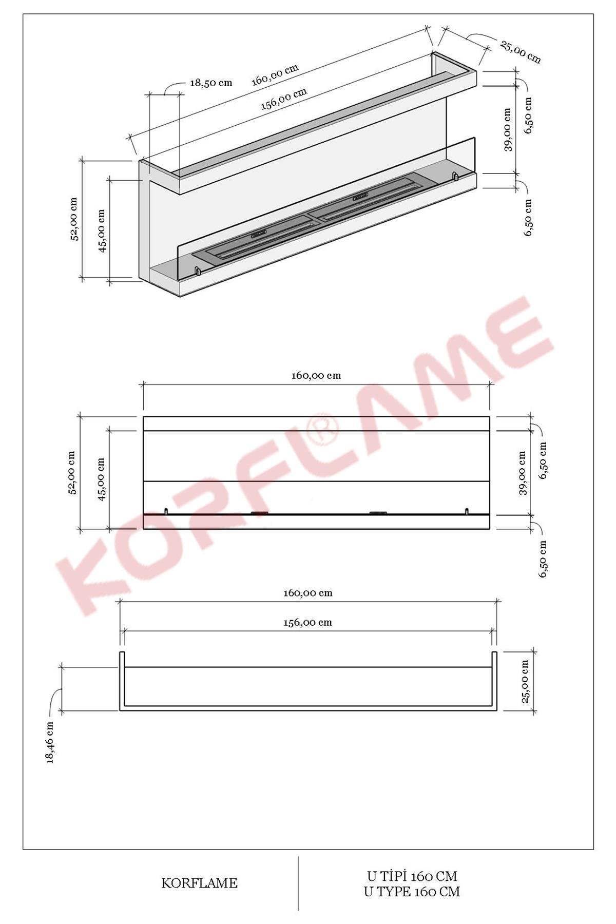 Korflame U Tipi 160 Cm Bioetanol Şömine