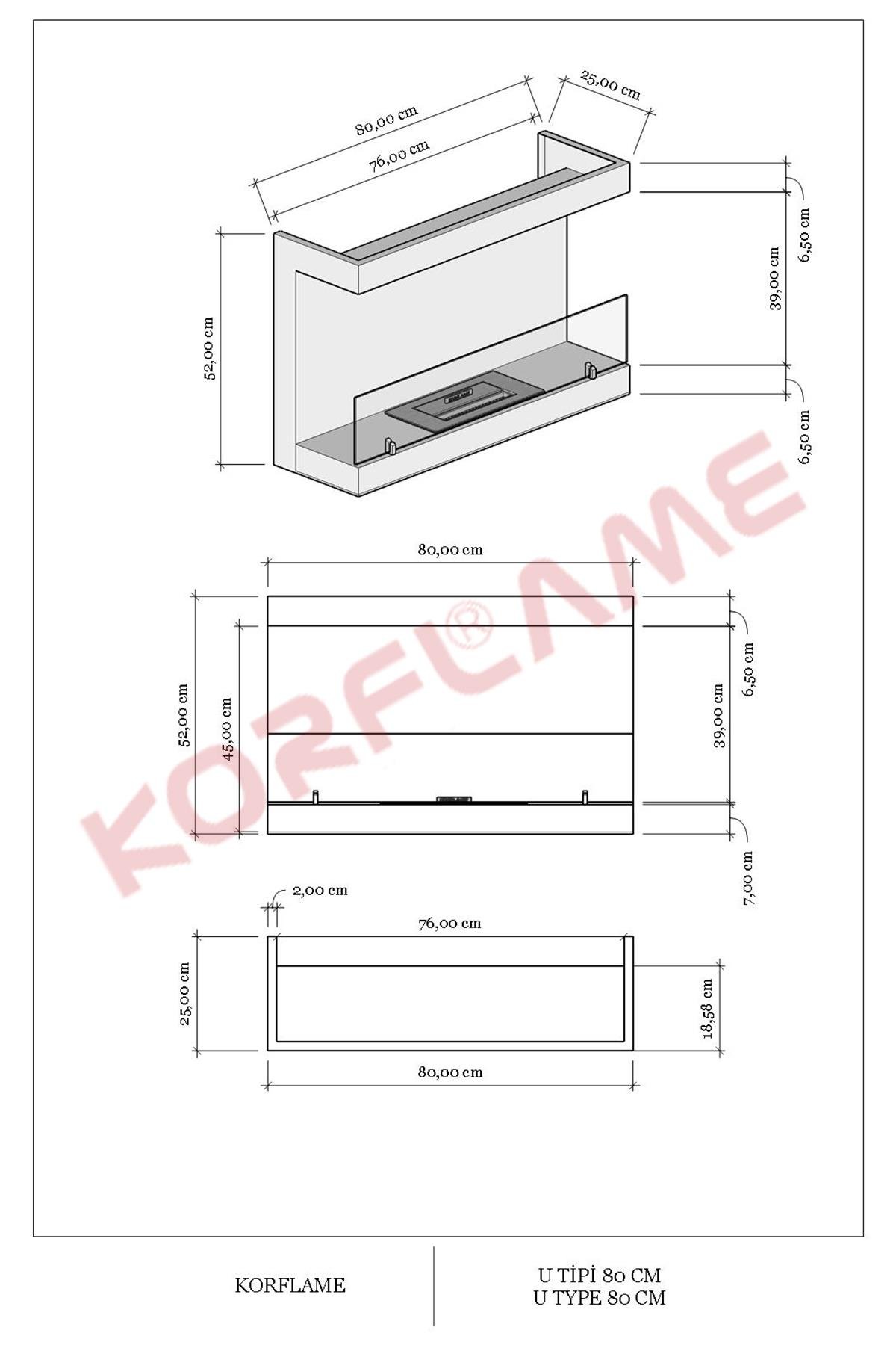 Korflame U Tipi  80 Cm Bioetanol Şömine