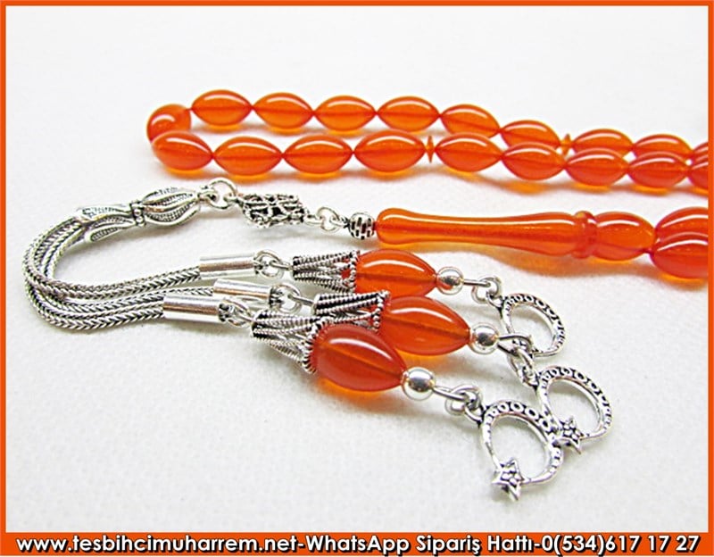  Gümüş Püsküllü Enternasyonal Turuncu Ateş Kehribar Tesbih 6,5*12 mm O La La 