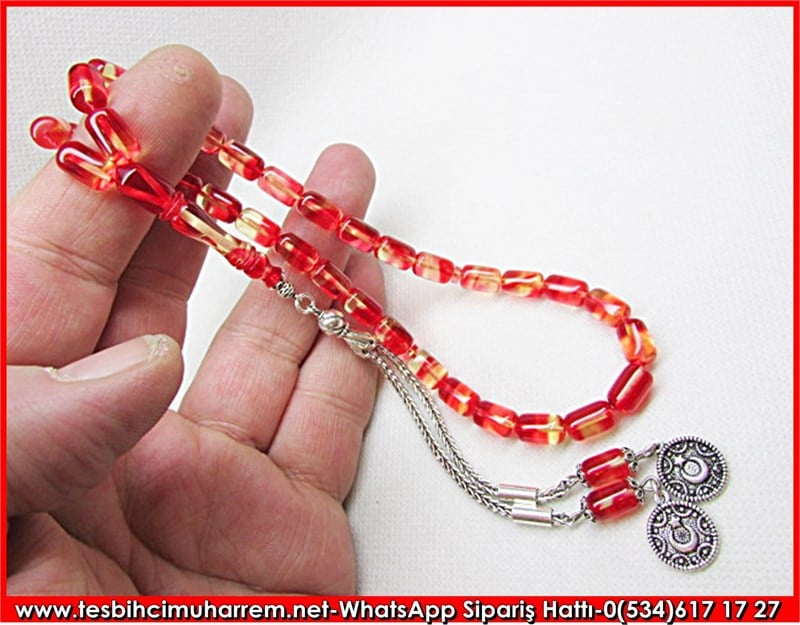  Gümüş Püsküllü Narı Kırmızı Sıkma Kehribar Tesbih 6,5*11 mm Düğülü Haşhaş