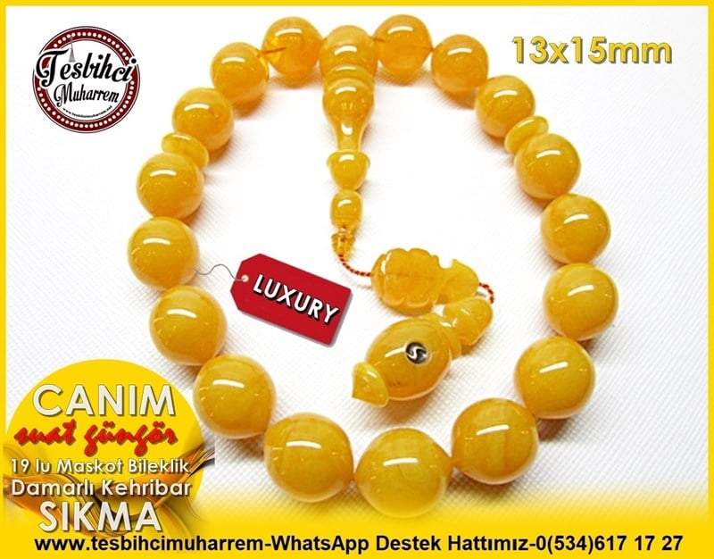  Sarı Damarlı Maskot 17 Habbe Efe Bileklik Sığırcık Kesim Sıkma Kehribar Tesbih Canım