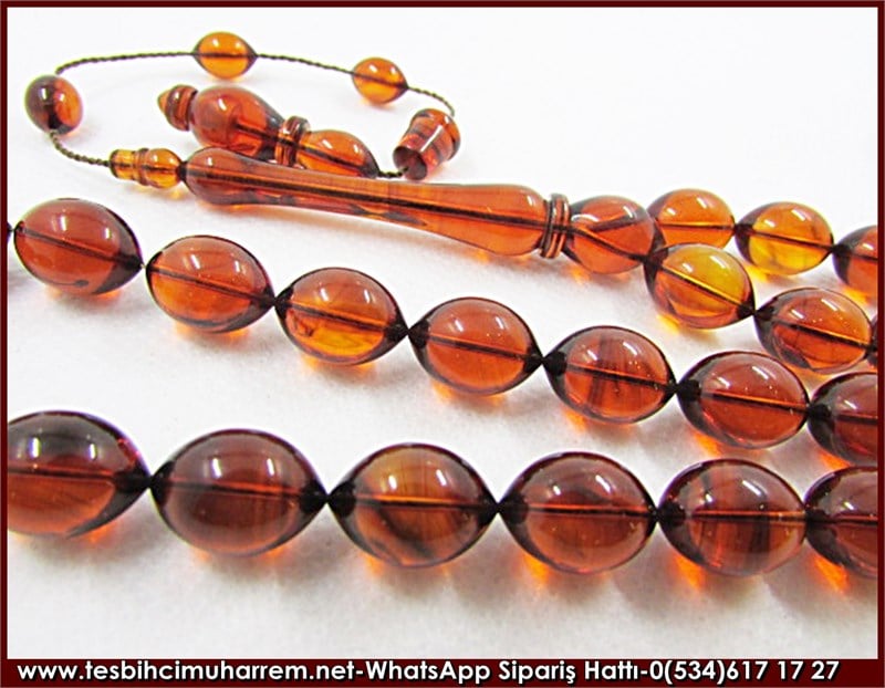  El İşçiliği Sıkma Kehribar Tesbih 9,5*13 mm Alacalı Yıldızlar