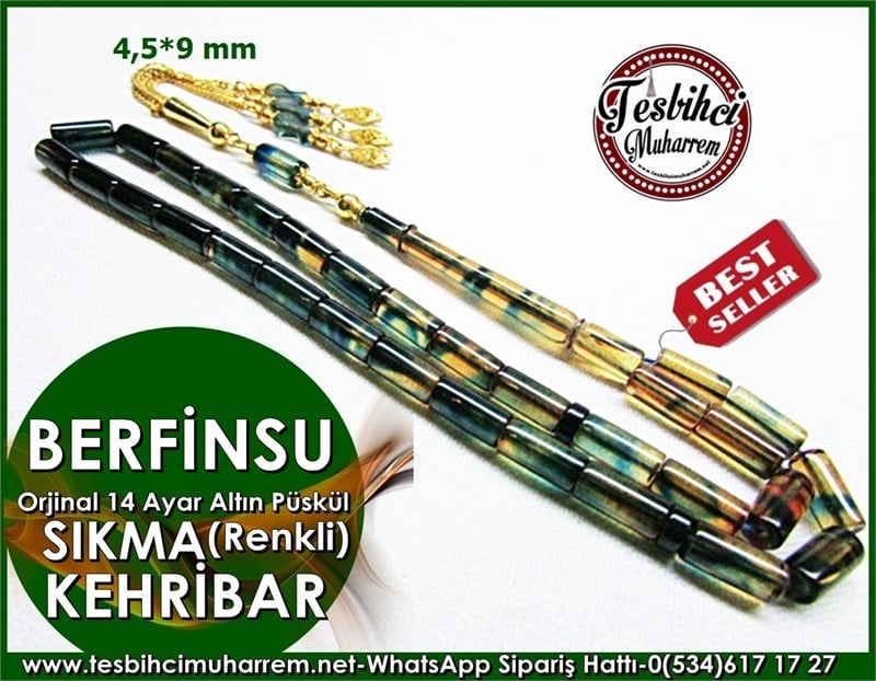 Altın Püsküllü Sıkma Kehribar Tesbih 4,5*9 mm Berfinsu