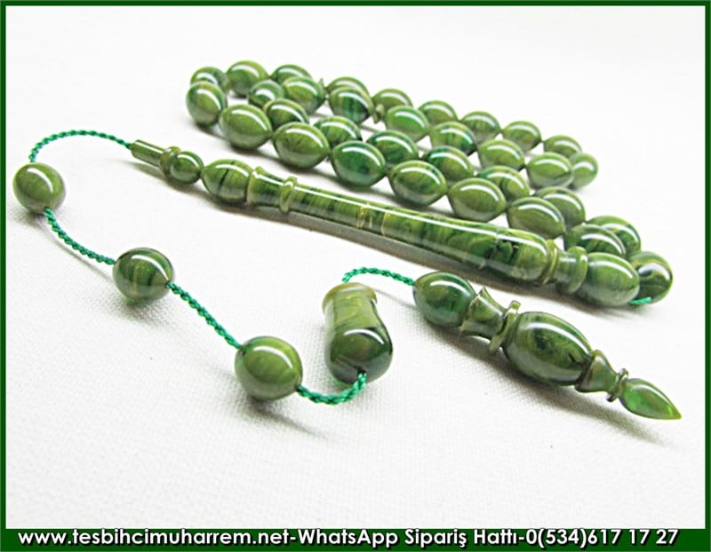 Timsah Gözü Sıkma Kehribar Tesbih 9*12 mm Yeşille Muhabbet