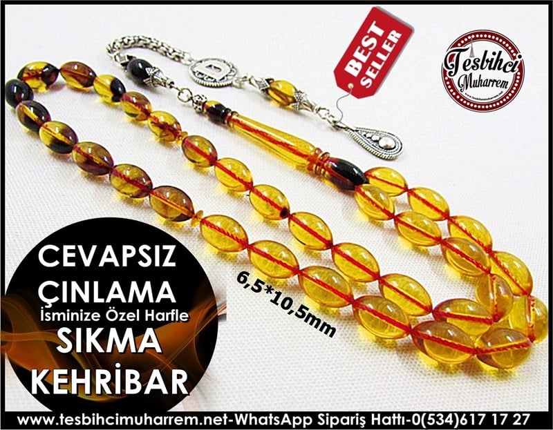 Ateş Kehribar Tesbih 6,5*10,5 mm İsminize Özel Harfli Cevapsız Çınlama