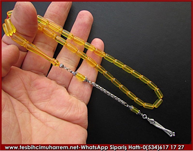 Gümüş Püsküllü Ateş Kehribar Tesbih 5,5*12 mm Su Samuru 