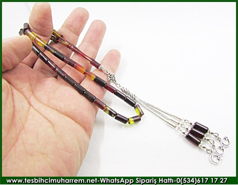 Gümüş Püsküllü Sıkma Kehribar Tesbih 5*10,5 mm Gömlek Düğmesi 