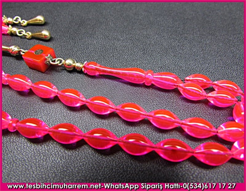 Altın Püsküllü Eski Alman Zar Kehribar Tesbih 5*9 mm Pembe Mutlu