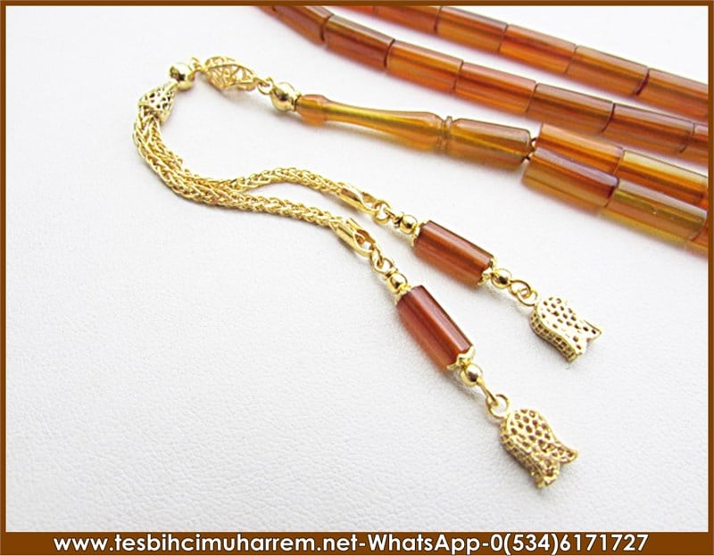 OSMANLI SIKMA KEHRİBAR 5*12 mm ALTIN PÜSKÜLLÜ NİLÜFER HATUN 