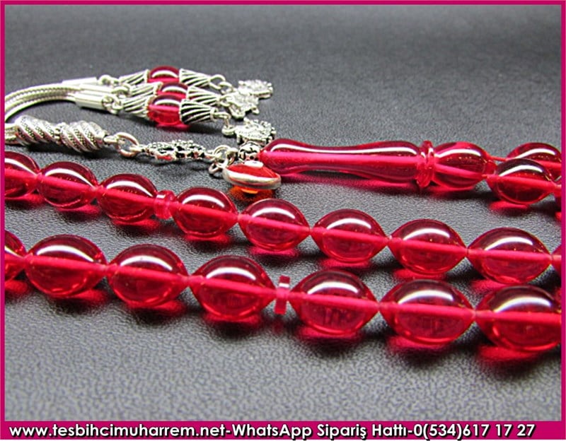 Gümüş Püsküllü Nar Çiçeği Ateş Kehribar Tesbih 6*11 mm Mor Yazma 