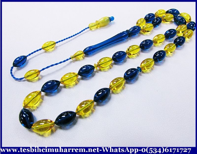 SIKMA KEHRİBAR TESBİH 6x10 mm SARI LACİVERT OĞUZ