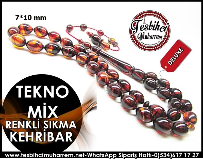  Renkli Sıkma Kehribar Tesbih 7*10 mm Tekno Mix 
