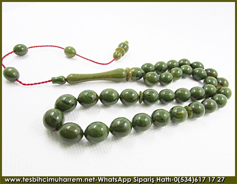 Sıkma Kehribar Tesbih 10*12,5 mm Çağla Yeşili
