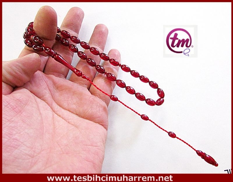 ATEŞ KEHRİBARI TESBİH 7x11.5 mm NAR KIRMIZISI BERD-İ BEYZA