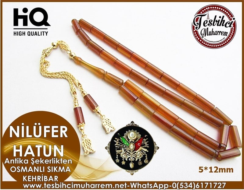 OSMANLI SIKMA KEHRİBAR 5*12 mm ALTIN PÜSKÜLLÜ NİLÜFER HATUN 